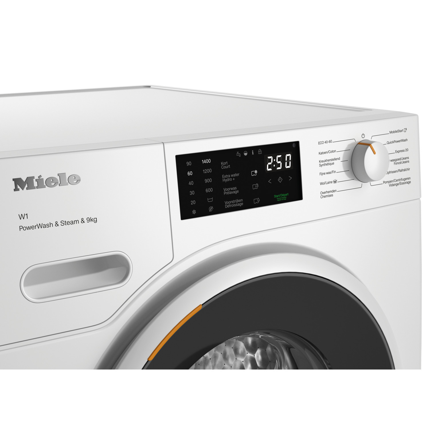 Close-up van een witte Miele wasmachine met een digitaal display.