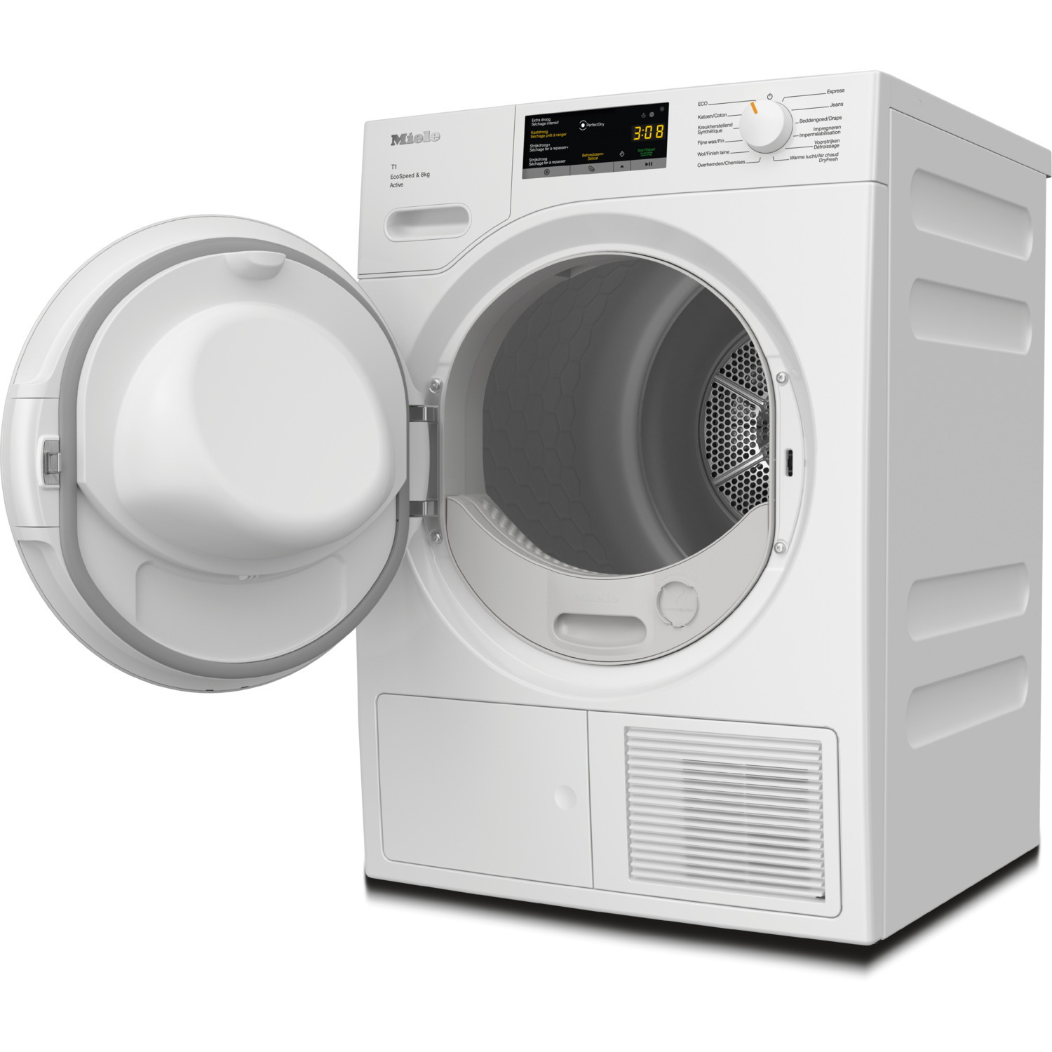 White washing machine with open door, grey interior, and control panel with a screen.