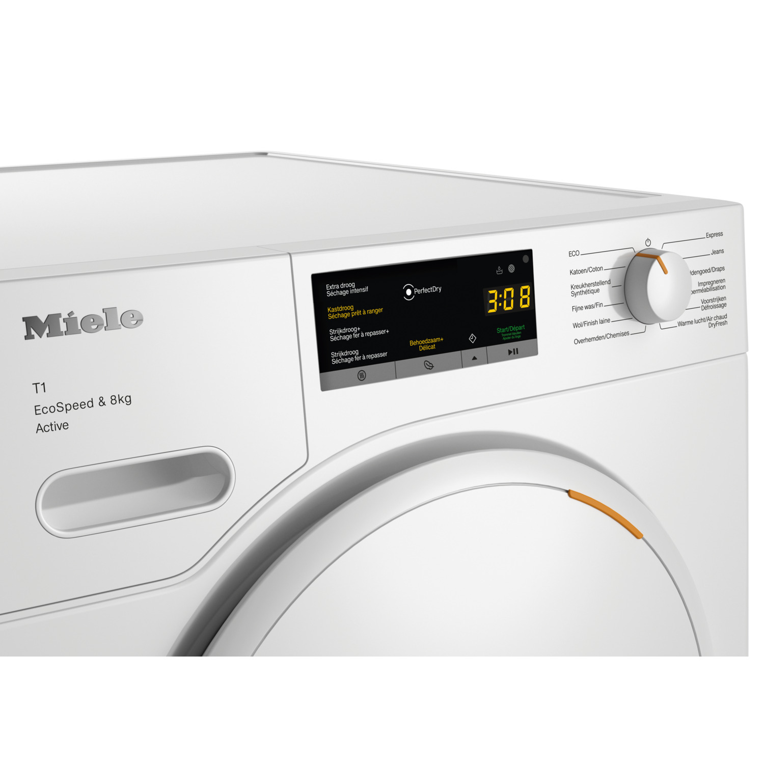 Washing machine control panel with a timer and a display.