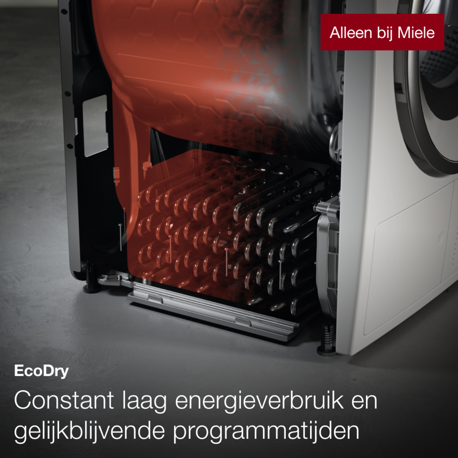 Close-up of a Miele dryer's interior with red air ducts.