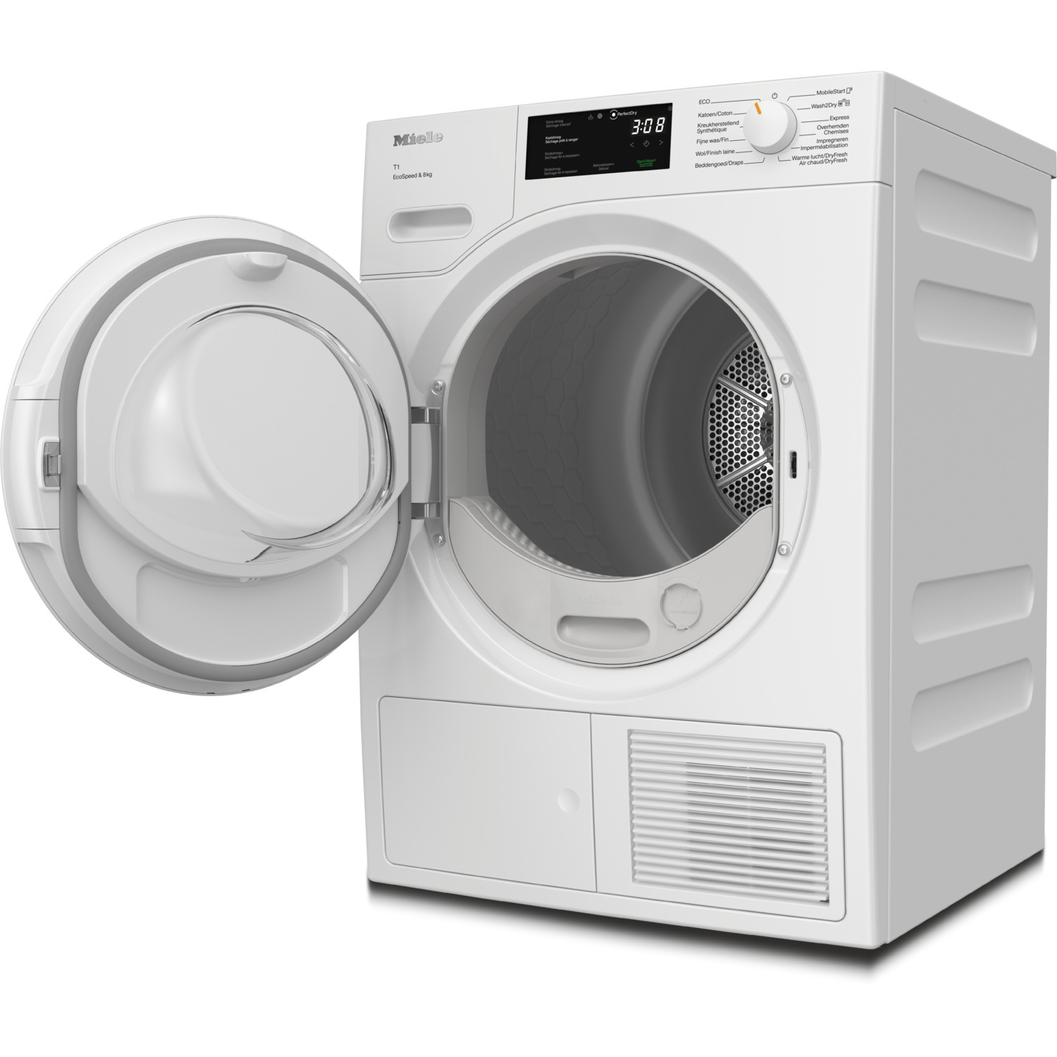 White Miele dryer with door open. Interior visible. Display shows time.