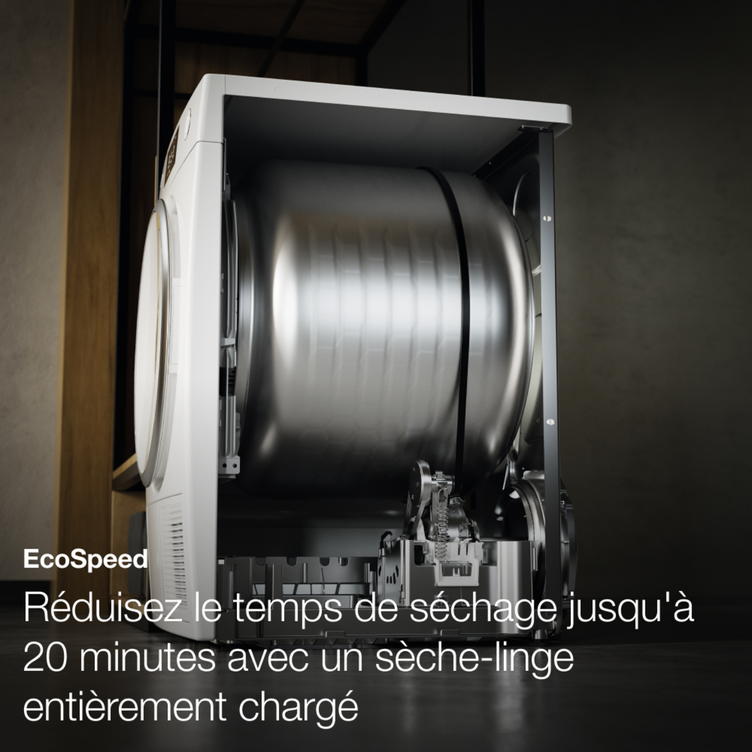 Intérieur de machine à laver avec tambour. Texte en français.