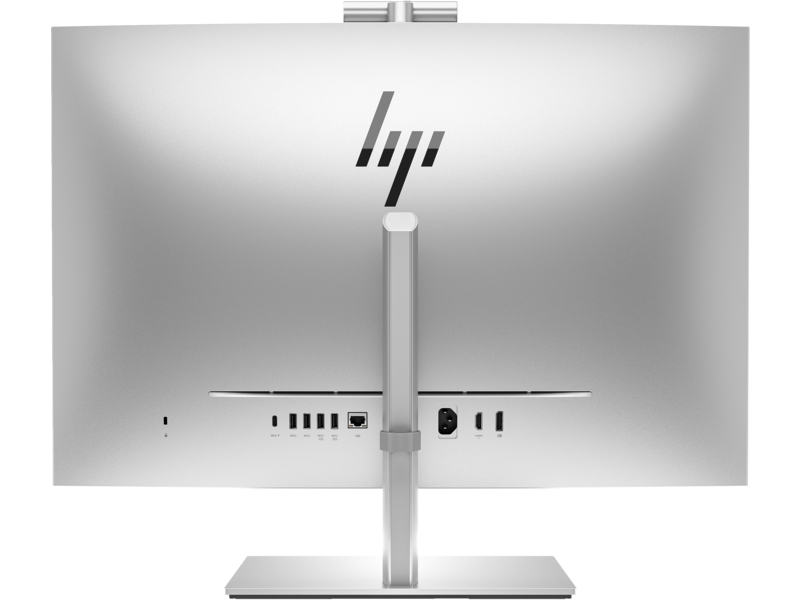 Die Rückseite eines silbernen HP All-in-One-Computers.
