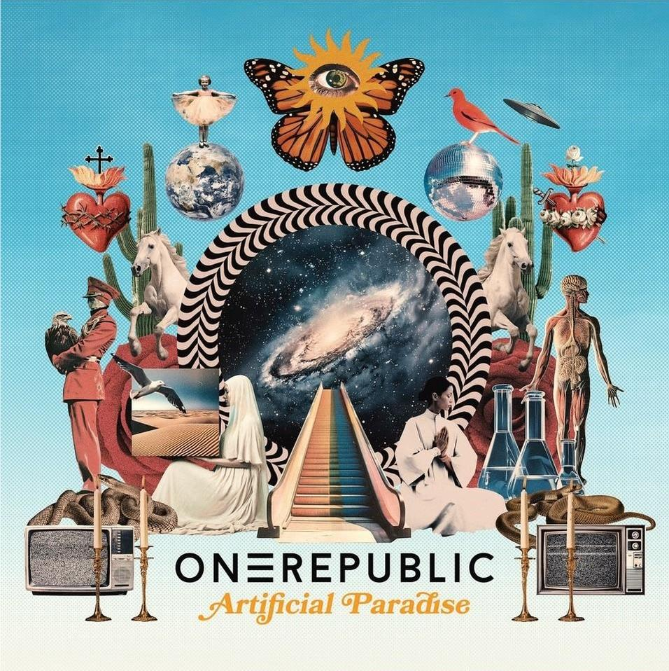 Albumcover mit surrealen Bildern: Galaxie, Pferde, Figuren und ein Schmetterling vor blauem Himmel.