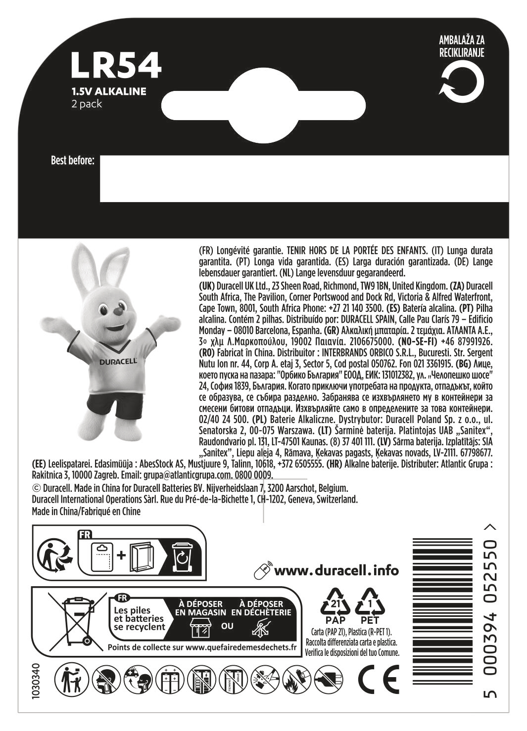 Duracell LR54 1,5V Alkaline Batterien, Verpackung mit Häschen und Text.