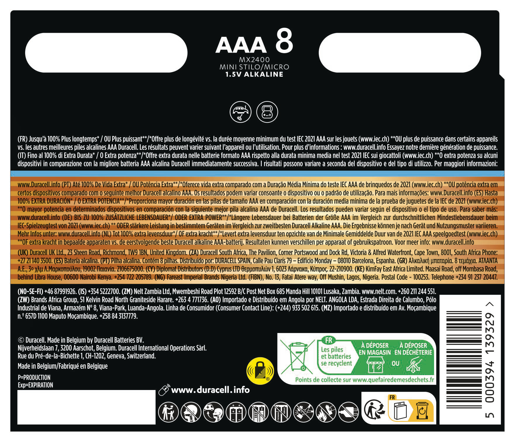 Eine Duracell AAA-Batterieverpackung. Der Text erklärt die Eigenschaften der Batterie und Recyclinghinweise.