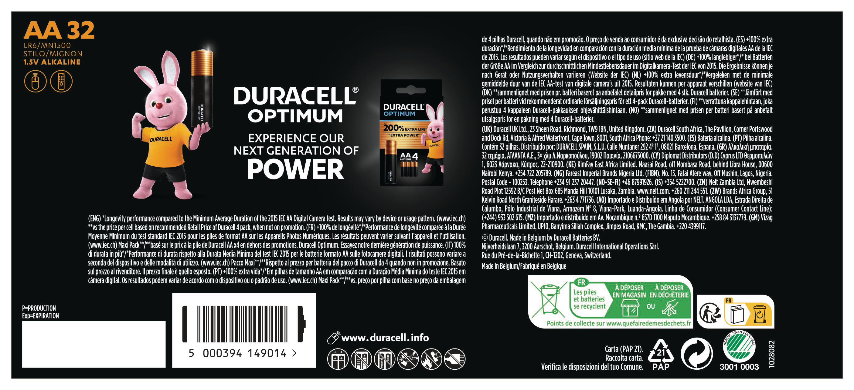 Eine Duracell-Batteriepackung mit einem Hasen, Text und Recycling-Symbolen.
