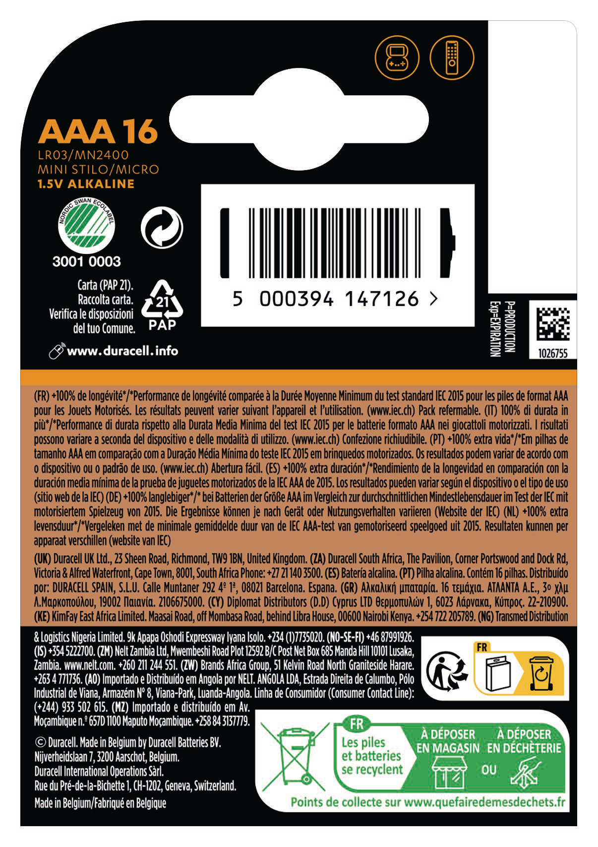 Rückseite einer AAA-Batterieverpackung. Text und Recycling-Symbole sind sichtbar.