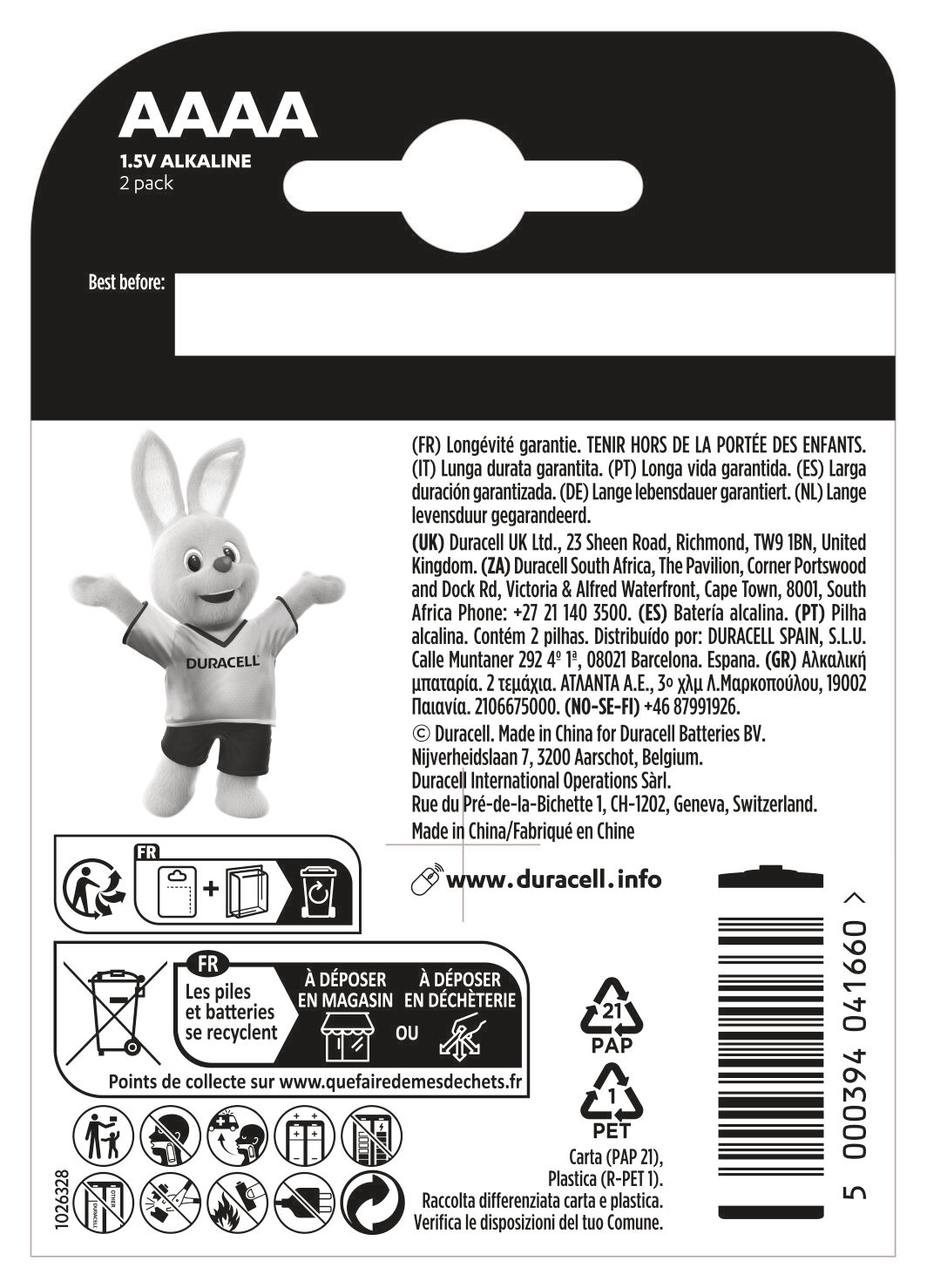 Eine Duracell AAAA 1,5V Alkaline-Batteriepackung mit einer weißen Hasenfigur auf der Rückseite.