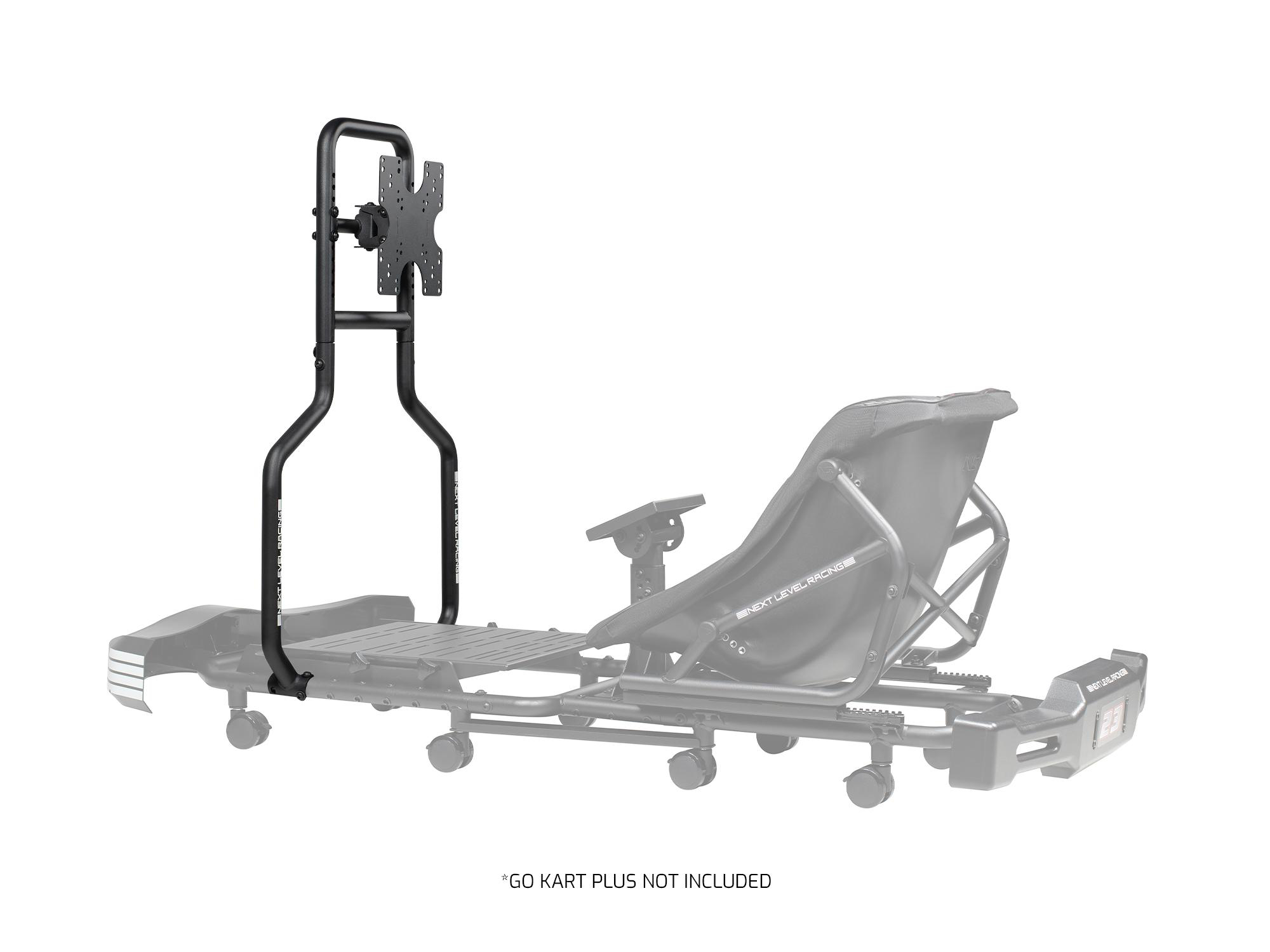 Schwarzer Metallrahmen für einen Kart, mit Monitorhalterung und Kartsitz.