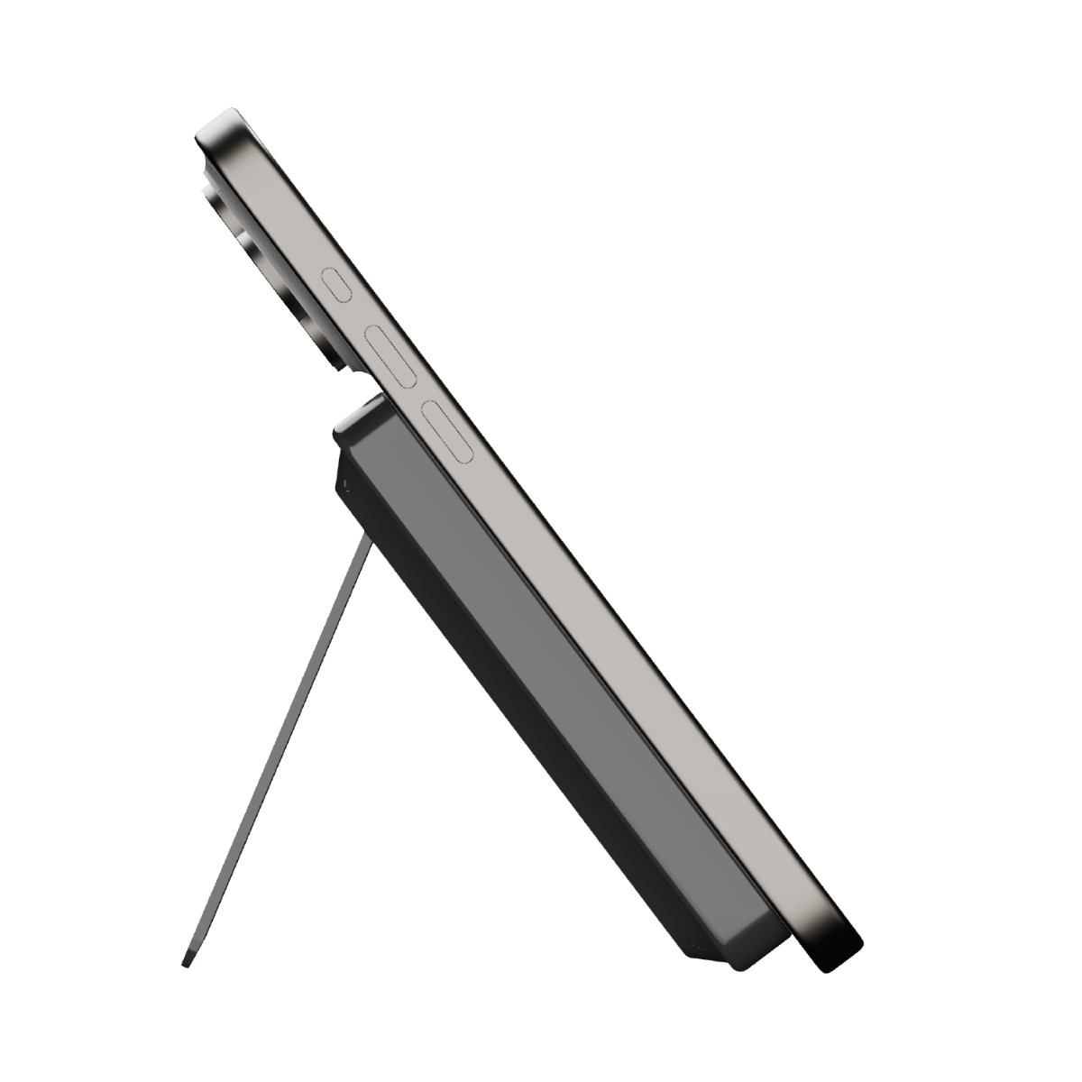 Bir akıllı telefon bir stand üzerinde, açılı. Telefon gümüş, stand koyu gri.