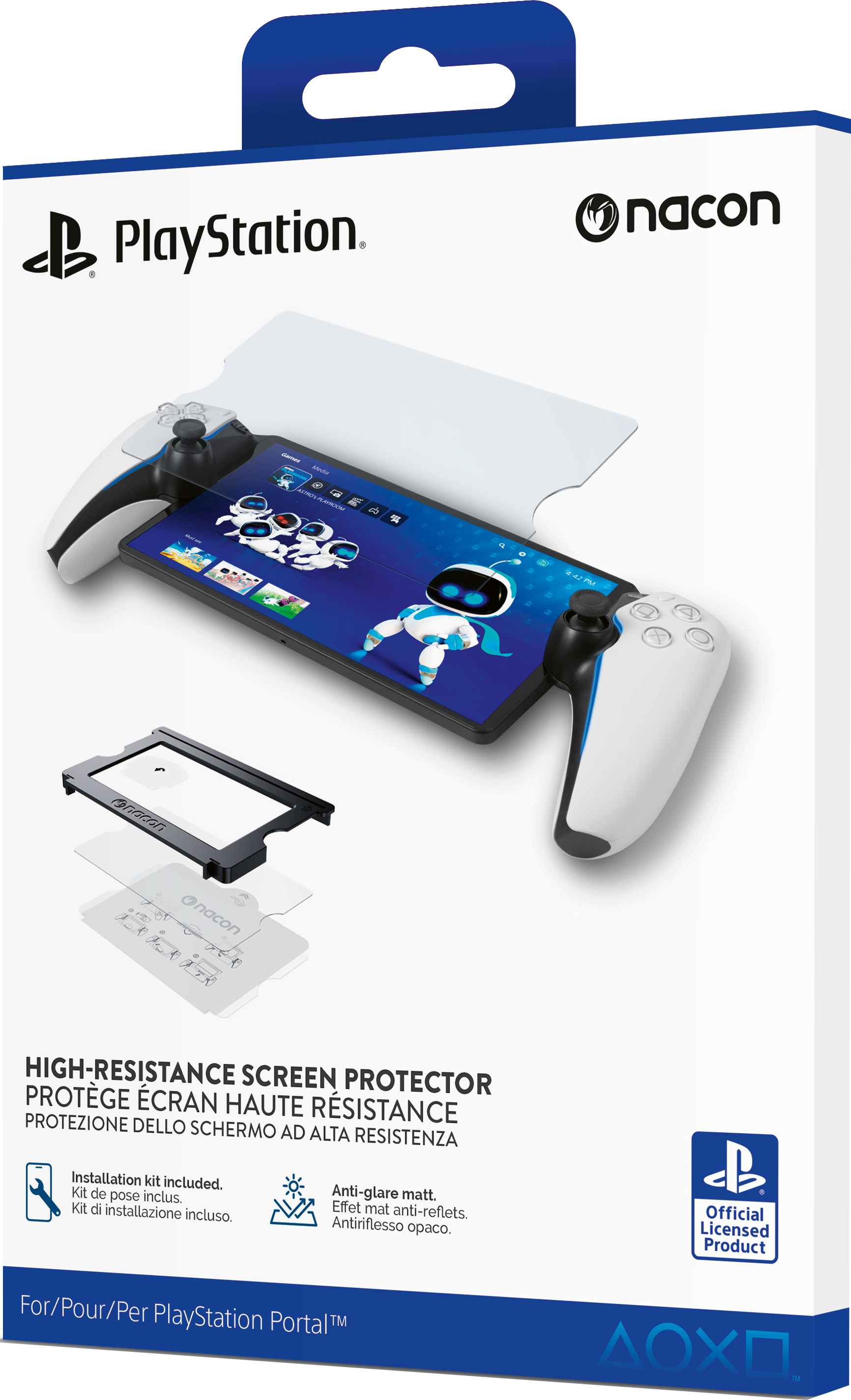 Eine weiße PlayStation Portal Displayschutzbox mit dem Gerät und Zubehör.