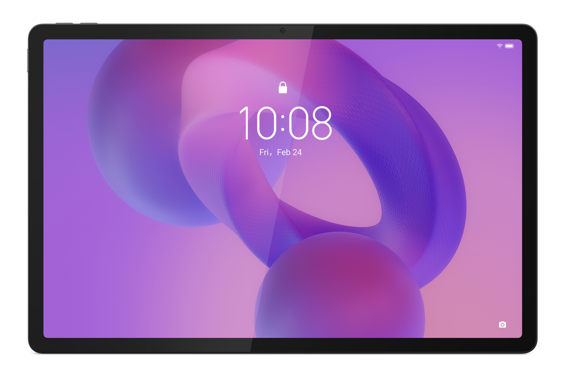 Tablet z dużym ekranem wyświetlającym kolorowy abstrakcyjny wzór, z godziną i datą.