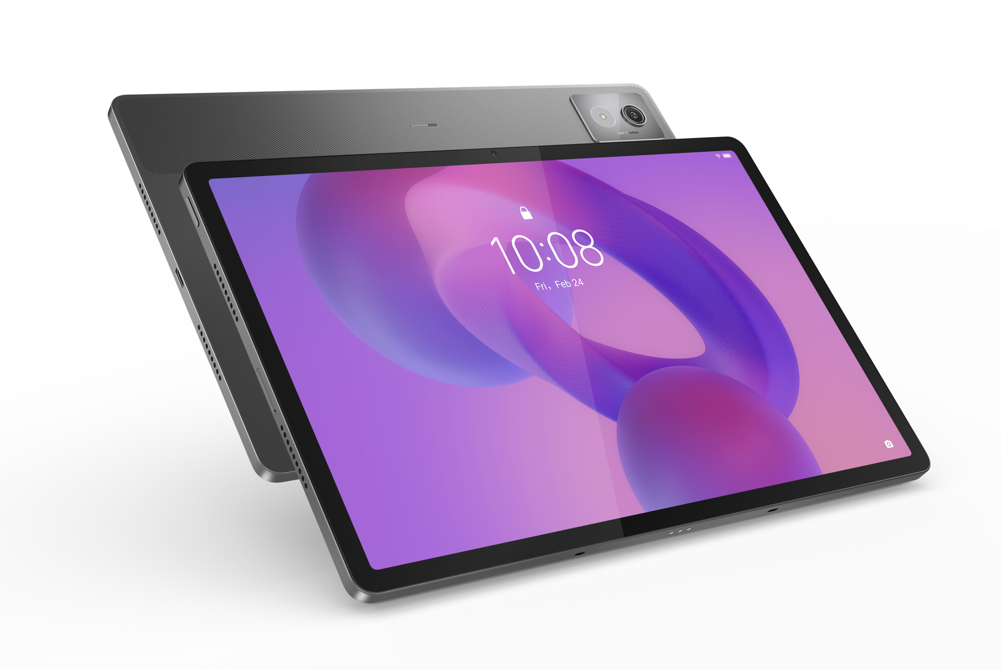 Tablet z fioletowym ekranem, pokazujący godzinę i zakrzywiony design.