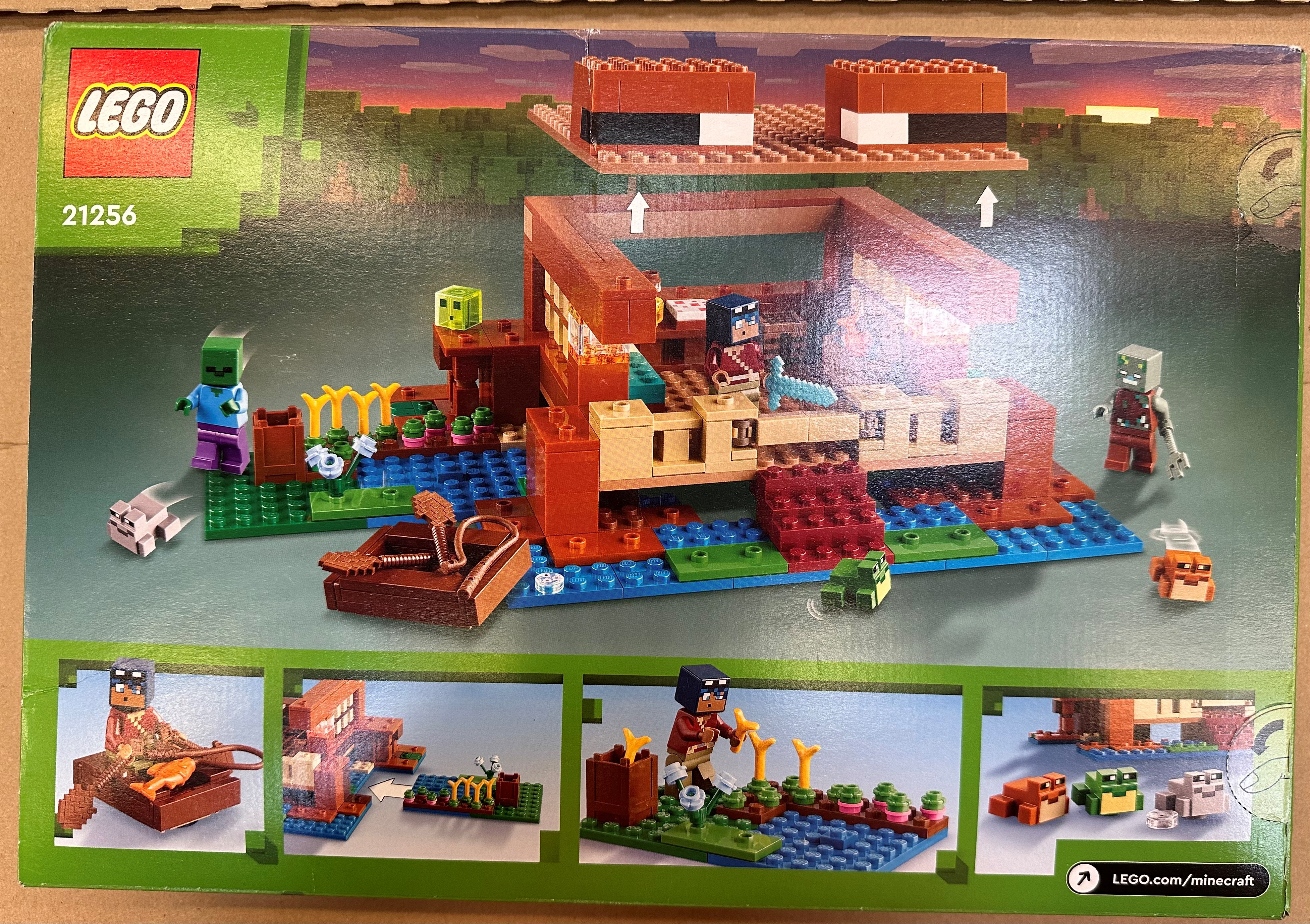 Pudełko Lego Minecraft przedstawia scenę z gry Minecraft z figurkami i budynkami.