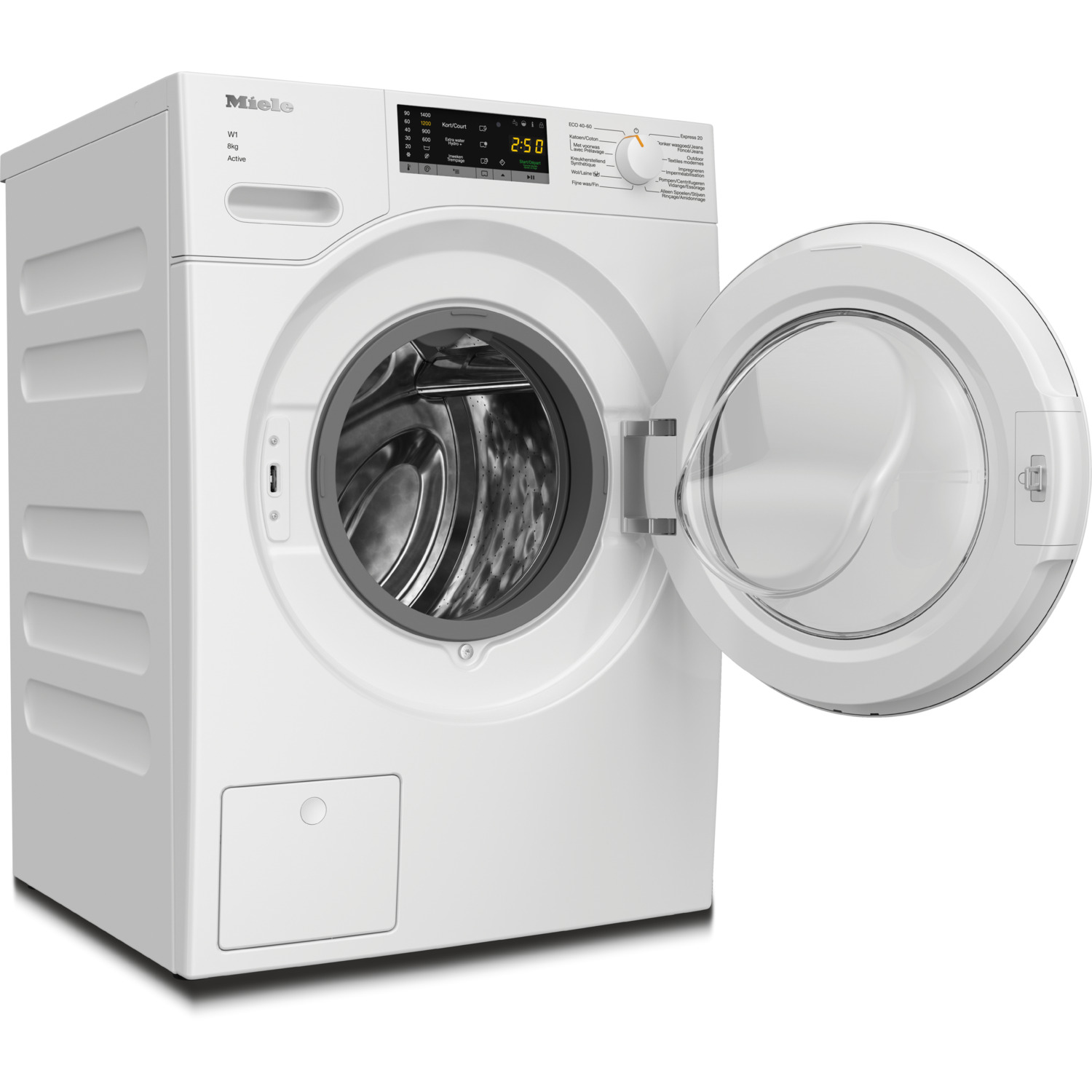 White Miele washing machine with open door, controls, and digital display.