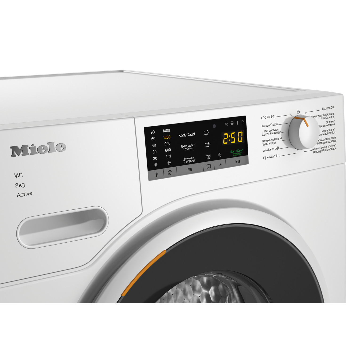 Close-up of a white Miele washing machine control panel displaying a timer.