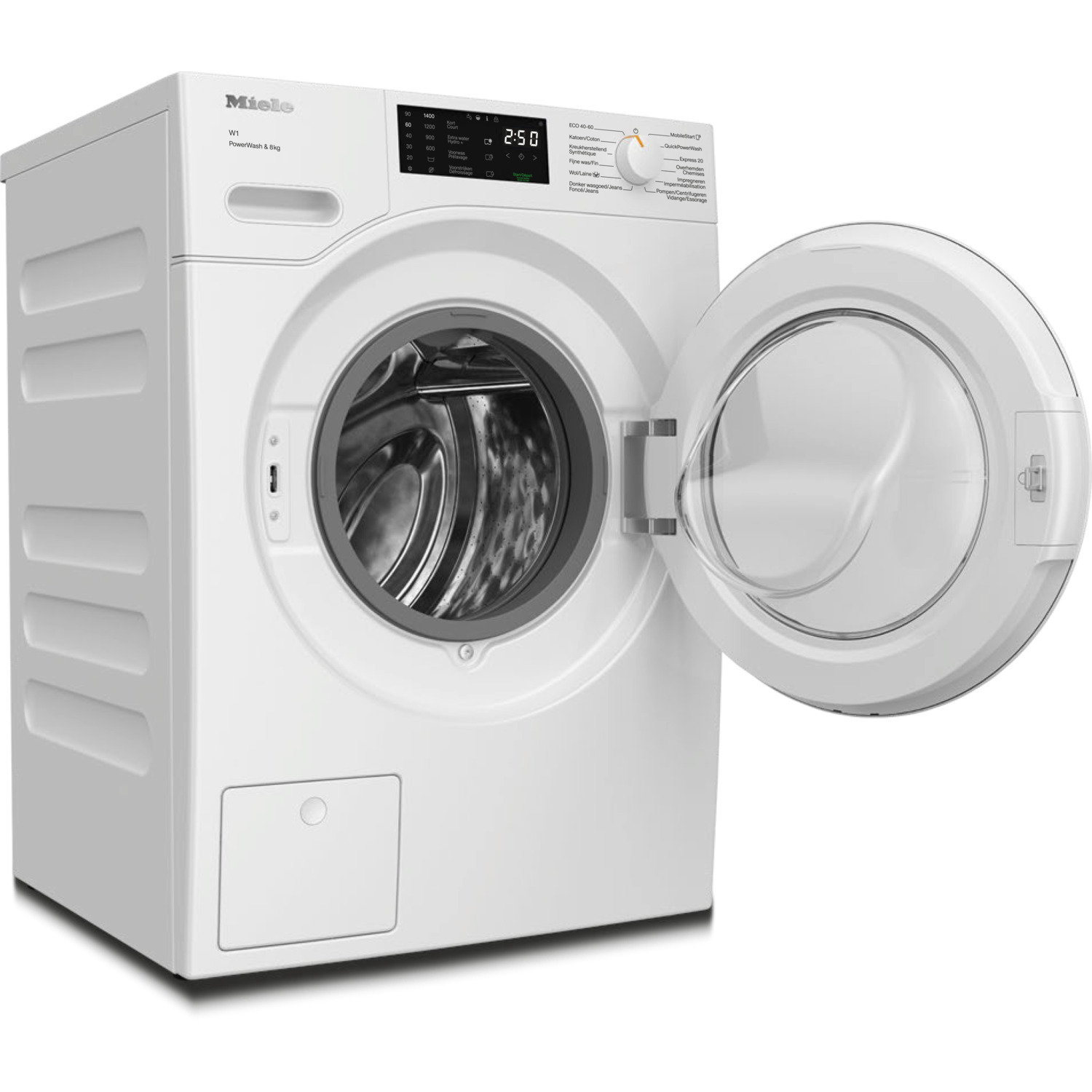 Une machine à laver blanche avec une porte ouverte. L'affichage numérique de la machine affiche des chiffres.