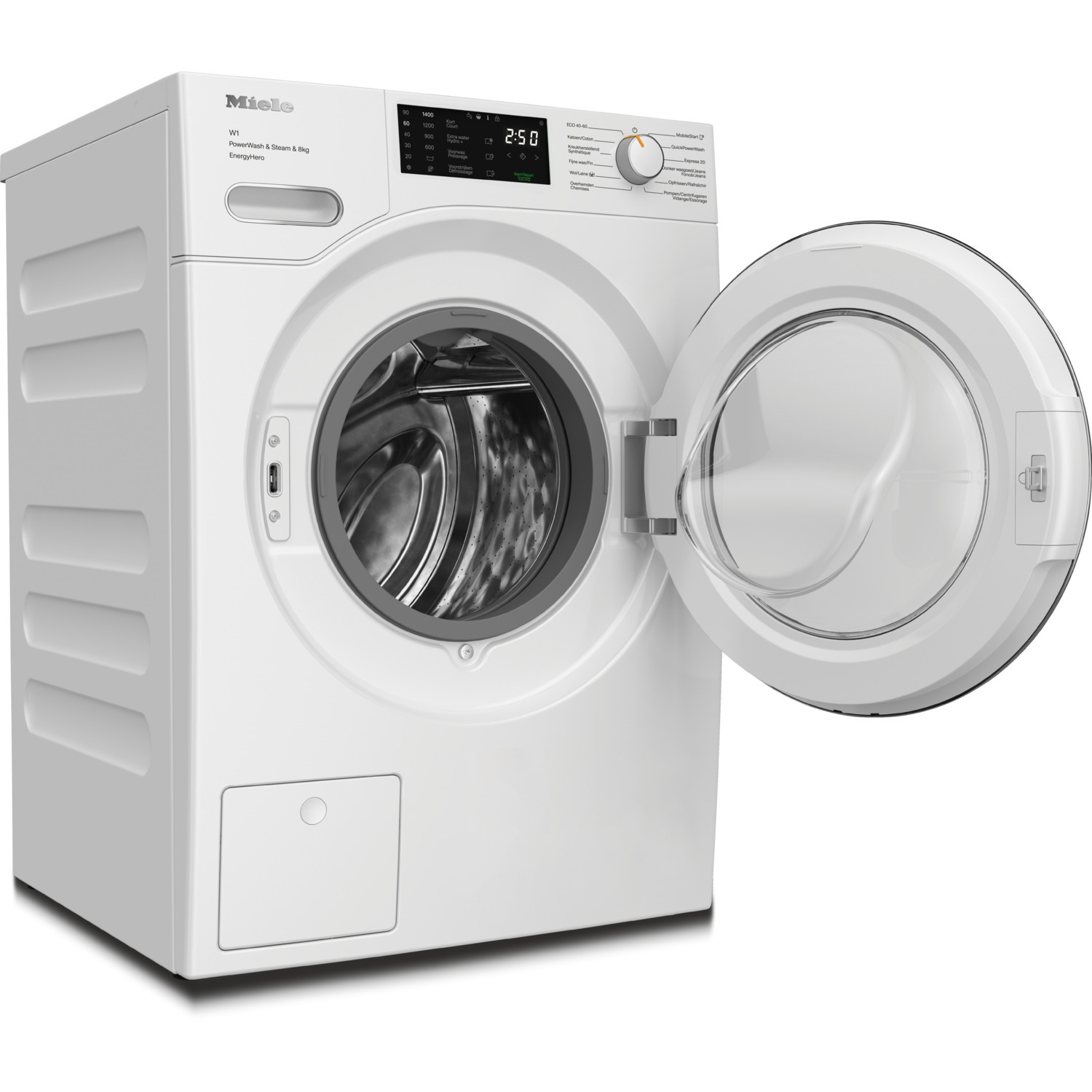 Een witte wasmachine met de deur open, met de trommel en het bedieningspaneel.