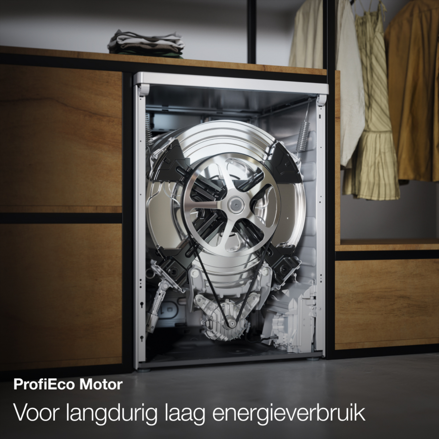 De binnenkant van een wasmachine. Je kunt de motor en de trommel in de machine zien.