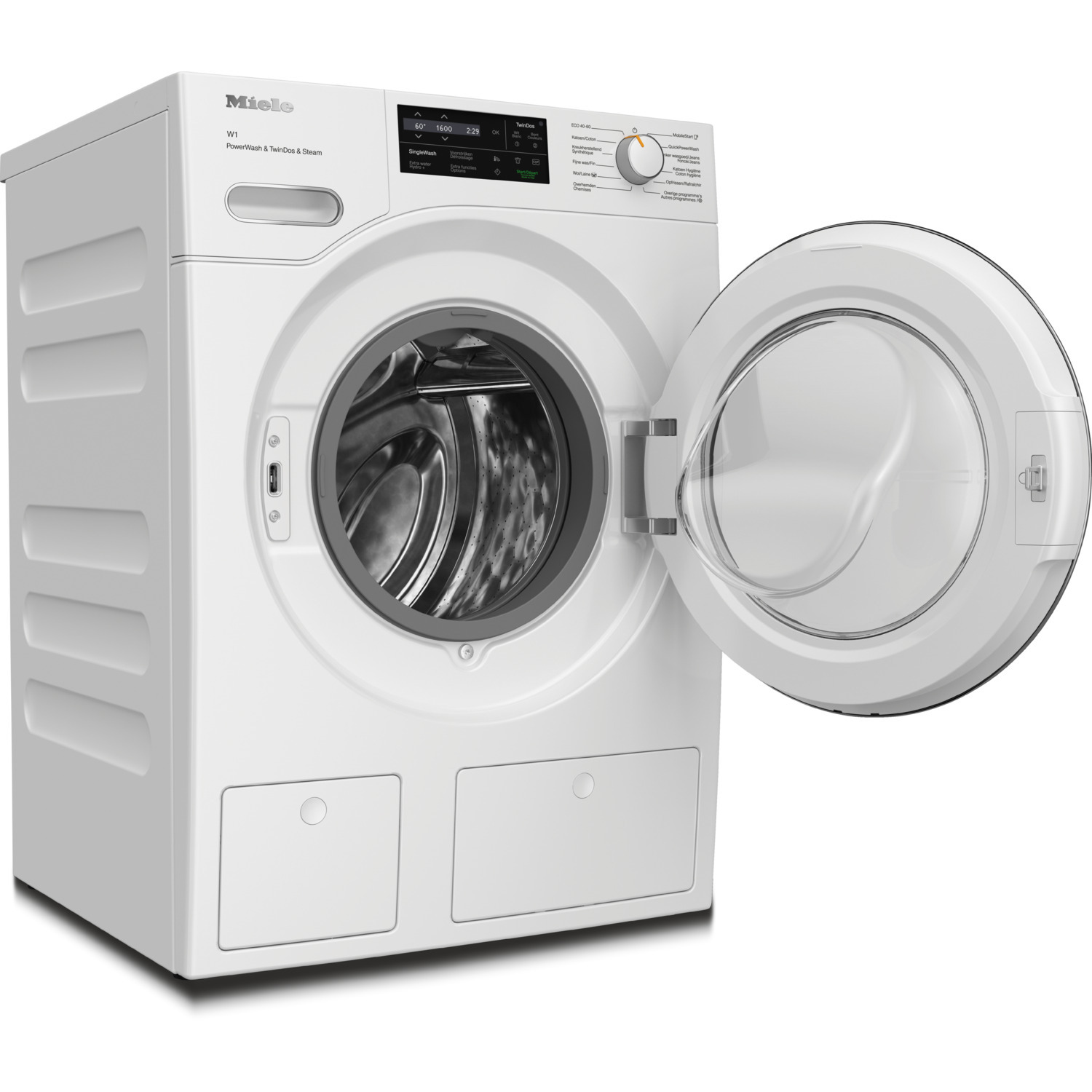 White Miele washing machine with open door. Display shows settings. Control panel visible. White background.