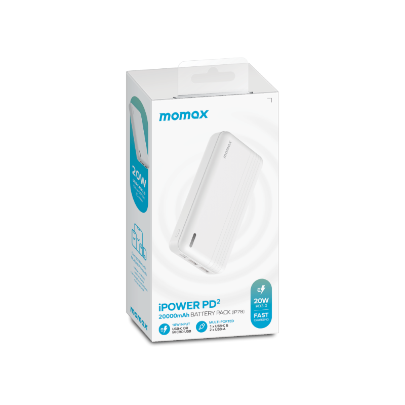 Beyaz zemin üzerinde beyaz Momax iPower PD2 20000mAh pil paketi kutusu.