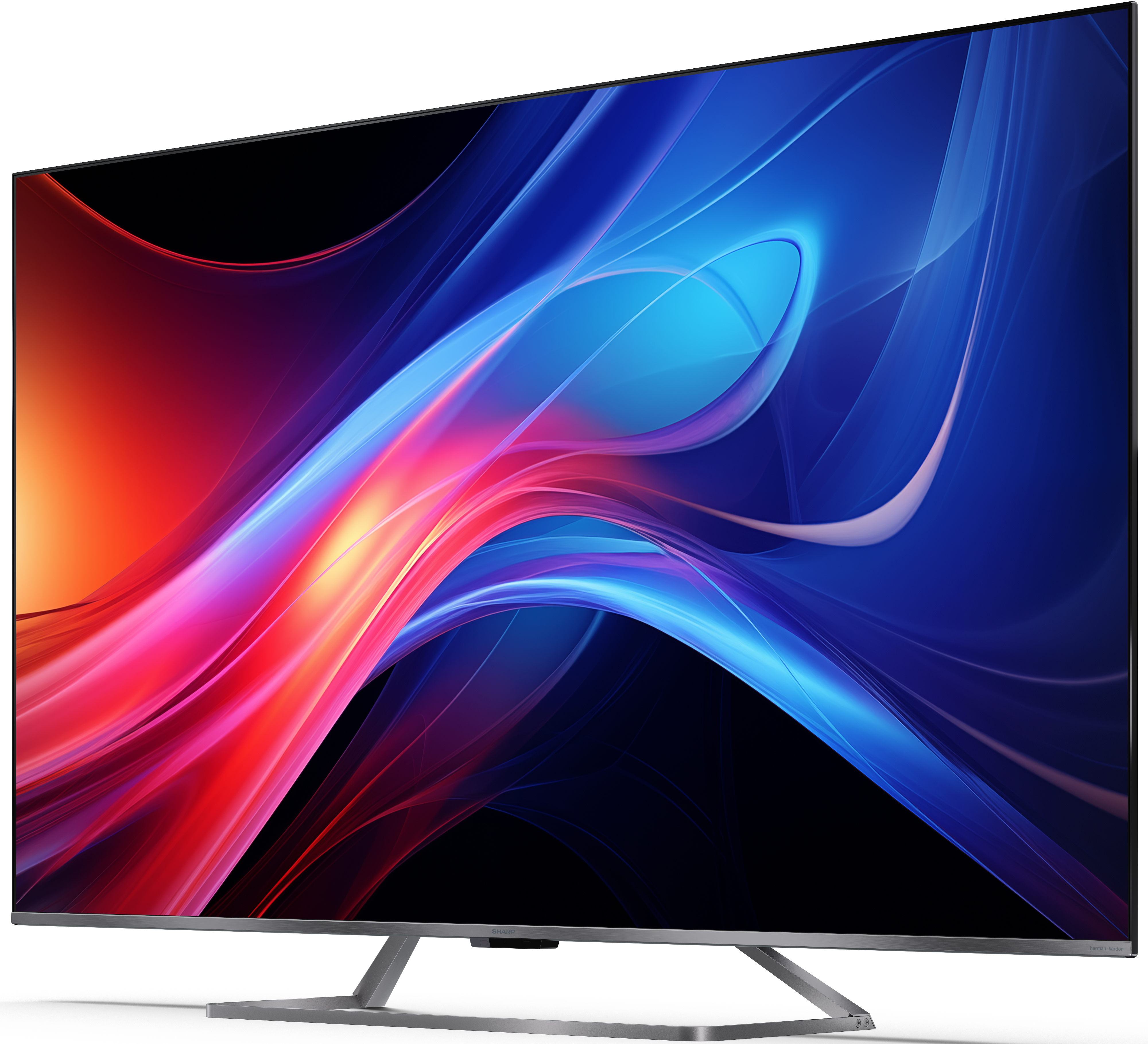 Egy nagy, modern TV képernyő élénk, színes, absztrakt kijelzővel.