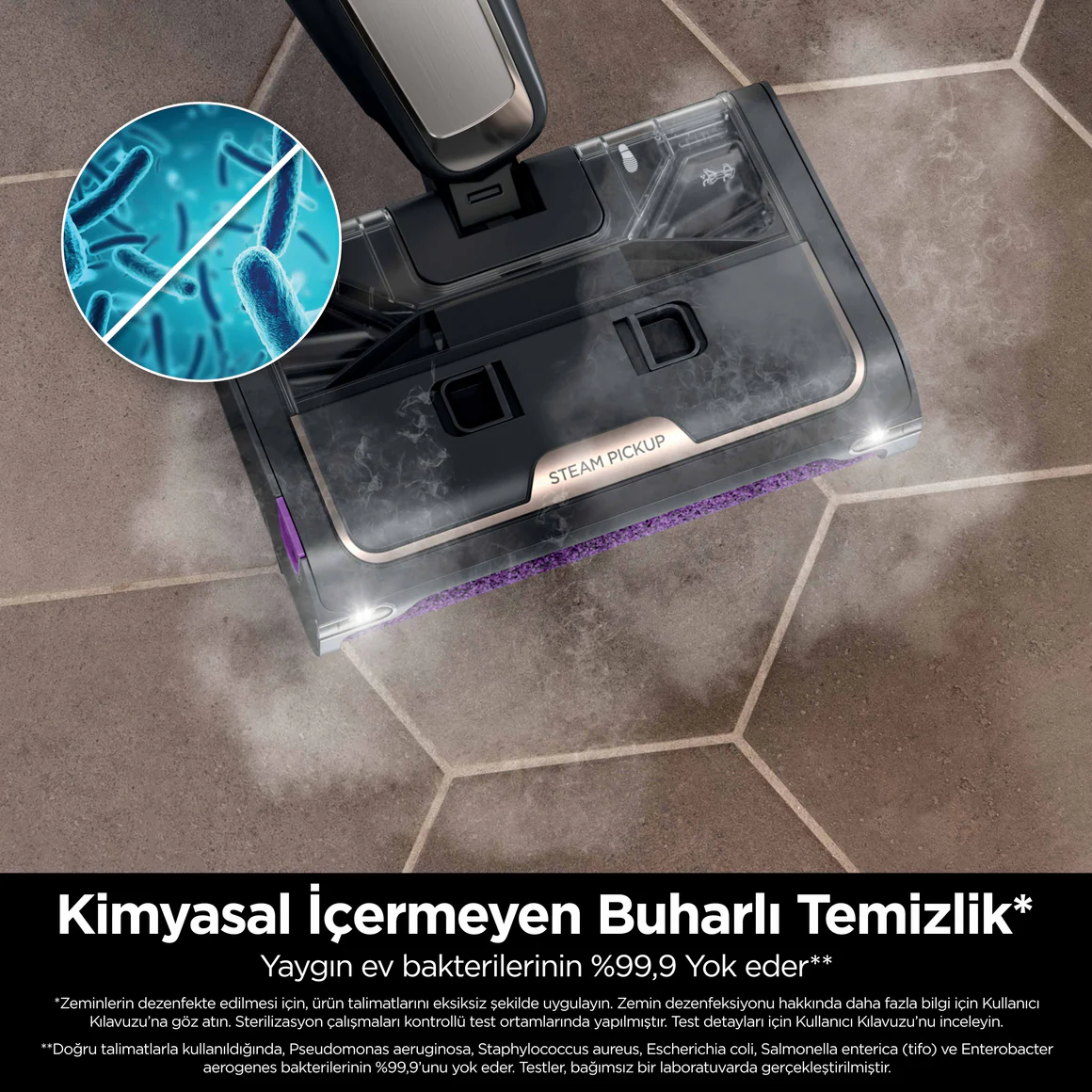 Mavi bakteri grafiği olan elektrikli süpürge başlığı.