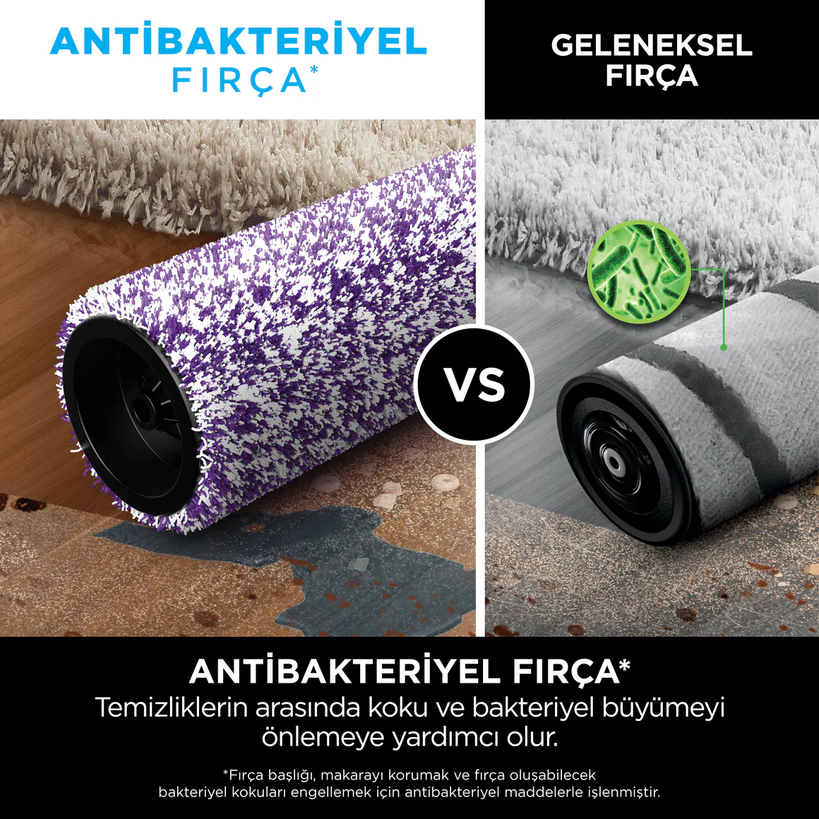 Antibakteriyel bir fırça silindiri ile geleneksel bir fırça silindiri. Antibakteriyel olan mor bir doku gösterir.