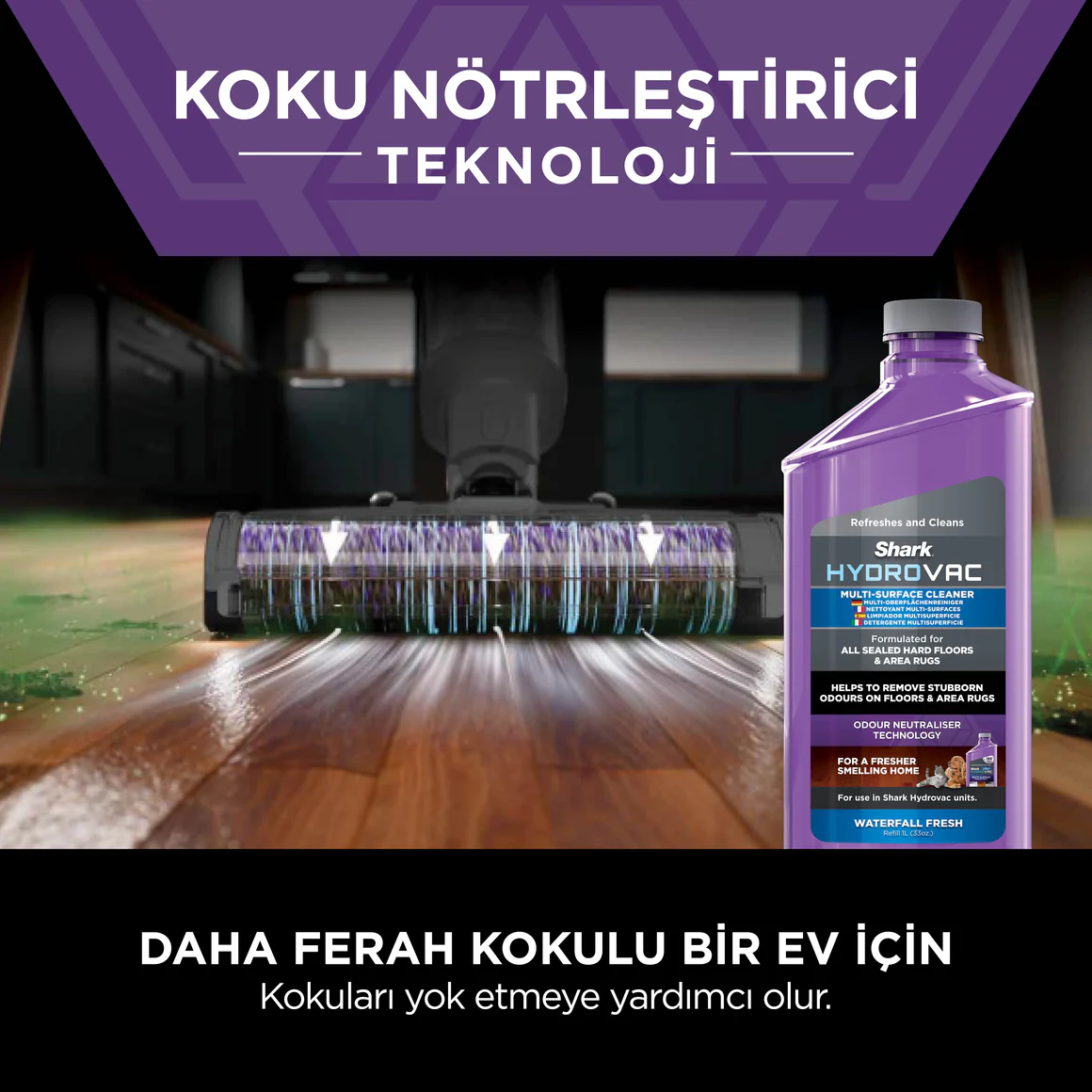 Ahşap üzerinde temizleme eylemini gösteren bir vakumla birlikte bir şişe Shark Hydrovac çok yüzeyli temizleyici.