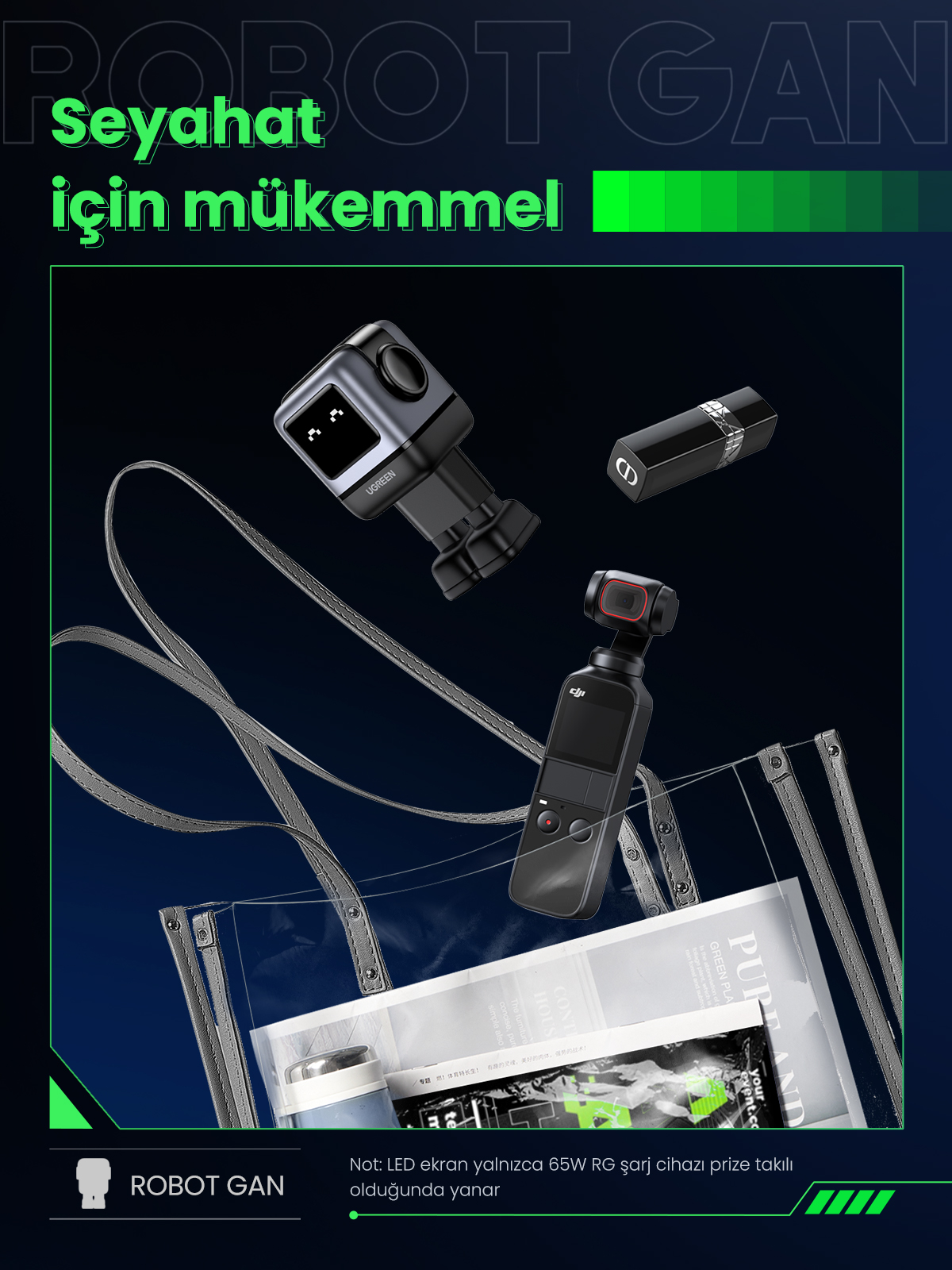 Siyah bir kamera, küçük bir hoparlör ve bir şarj cihazı dahil olmak üzere öğeler içeren şeffaf bir çanta.