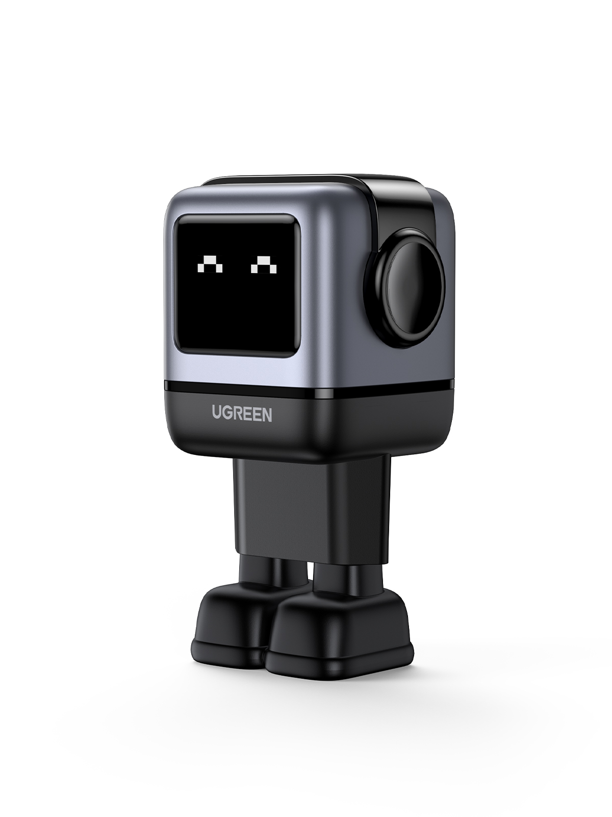Gri ve siyah renklerde küçük bir robot benzeri cihaz. Ön tarafta gözleri gösteren bir ekran ve UGREEN logosu var.