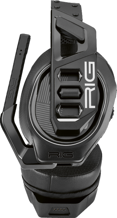 Schwarzes RIG-Gaming-Headset mit Mikrofon. Das Wort RIG ist deutlich zu sehen.