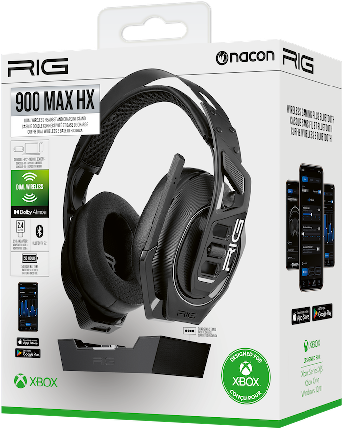 Headset-Box, schwarz und rot, mit Headset und Ladestation.