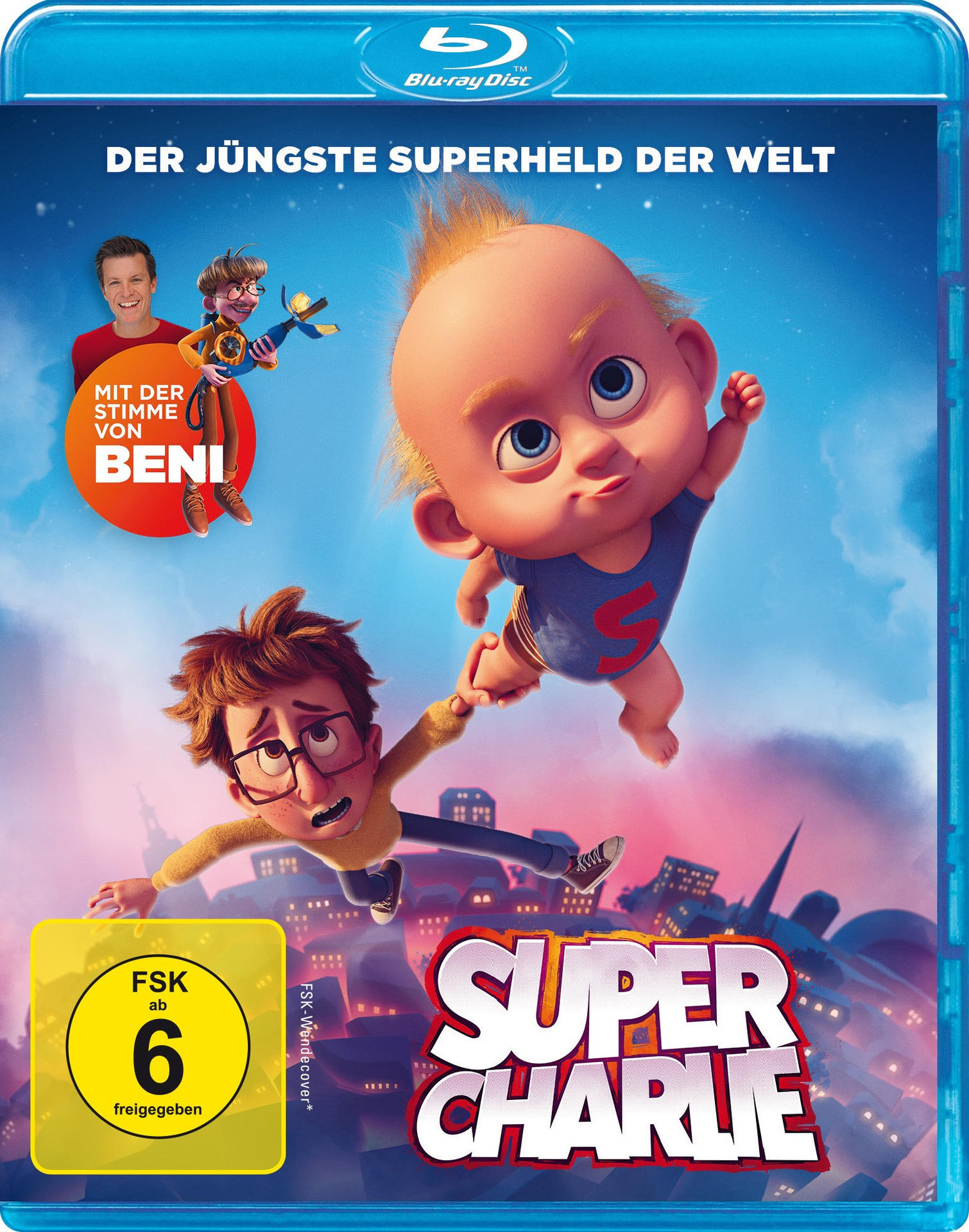 Blaue DVD-Hülle mit einem Baby und einem Mann. Text: Super Charlie. FSK 6.