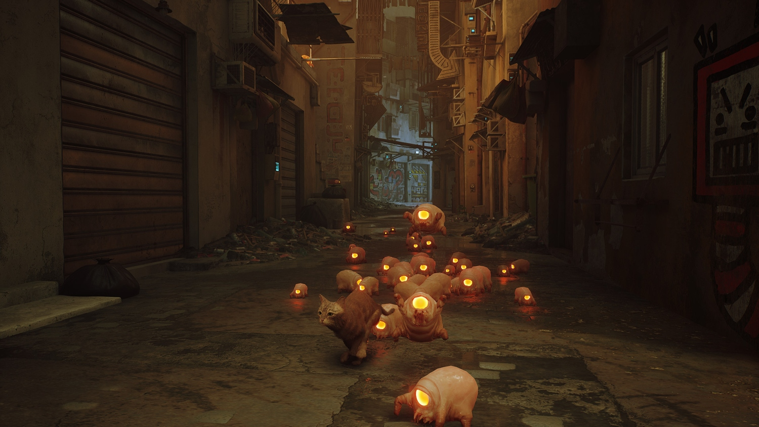 Un chat marche dans une ruelle sombre avec des créatures lumineuses en forme de porcs.