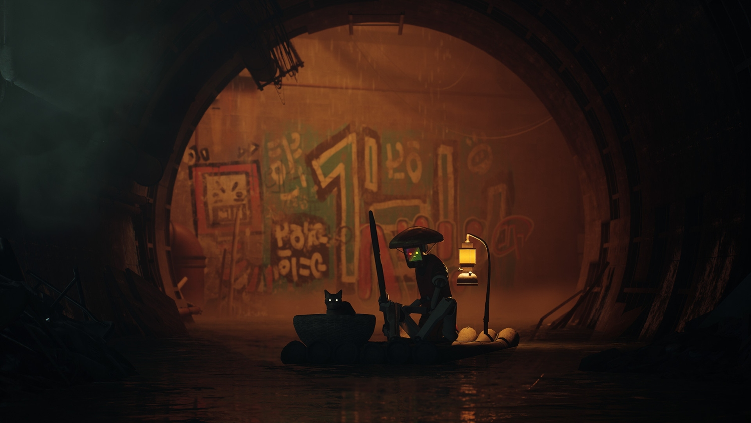 Une personne dans un bateau avec un chat, une lanterne et des graffitis dans un tunnel sombre.