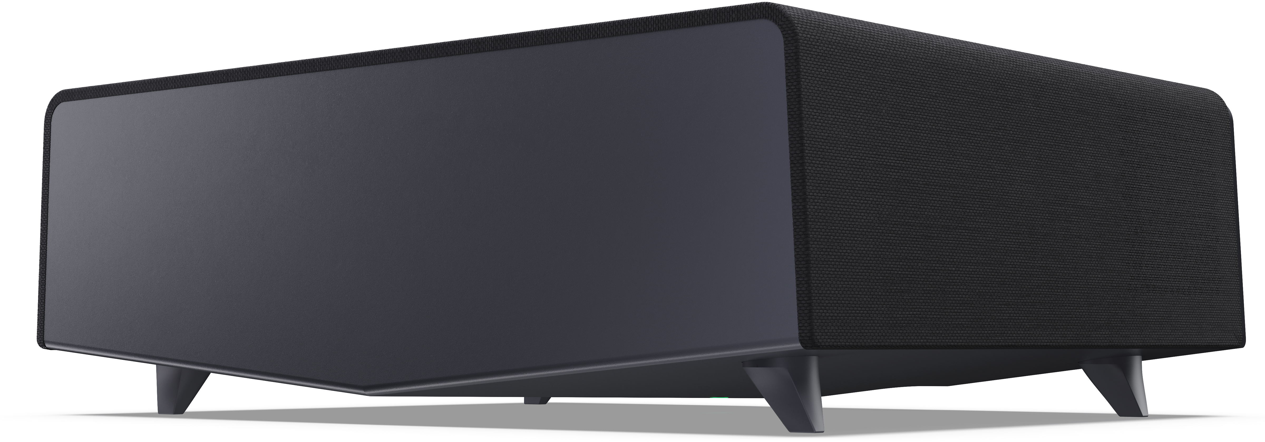 Fekete soundbar három lábbal. Sötétszürke szövet a tetején.