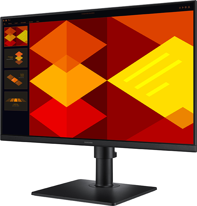 Fekete Samsung monitor piros, narancs és sárga geometriai formákkal. A tartó fekete.