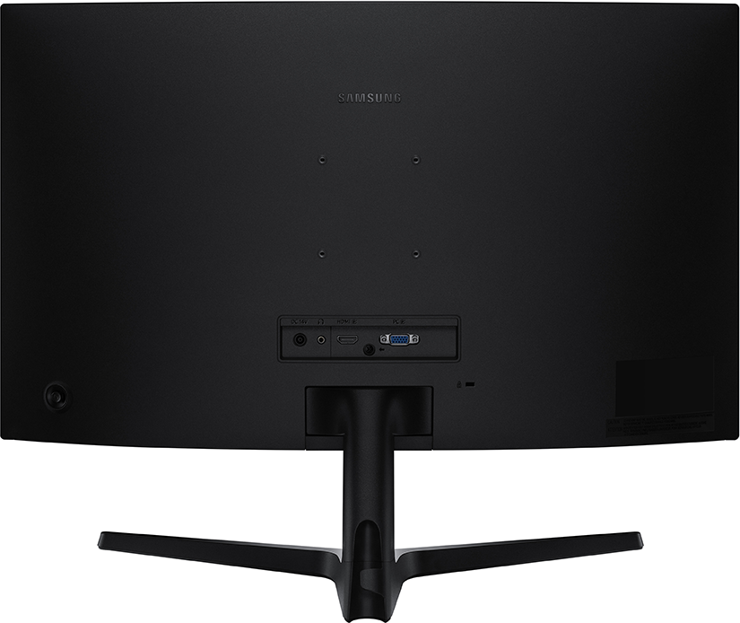 Egy fekete Samsung monitor hátulja. Csatlakozó portokat és állványt mutat.