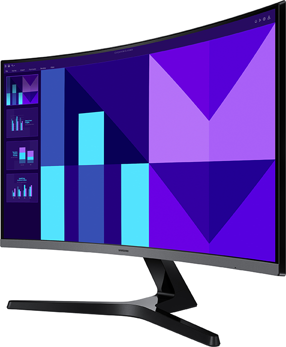 A ívelt monitor geometriai mintát jelenít meg. A képernyő kék és lila grafikonokat mutat.