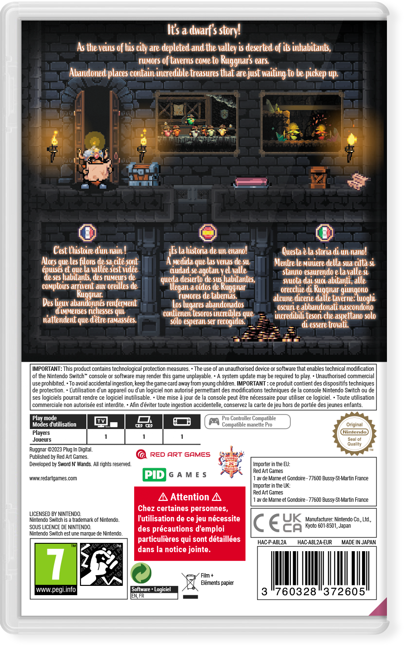 Parte trasera de una caja de juego. Texto en varios idiomas, ilustración de enano.