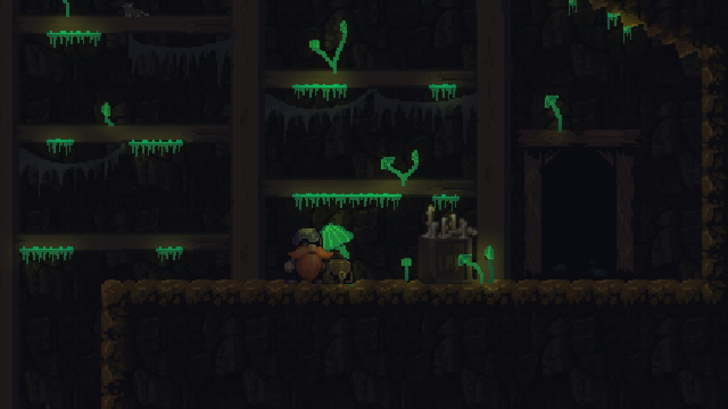 Una escena de videojuego pixelada. Una figura está de pie en una estructura de madera oscura.