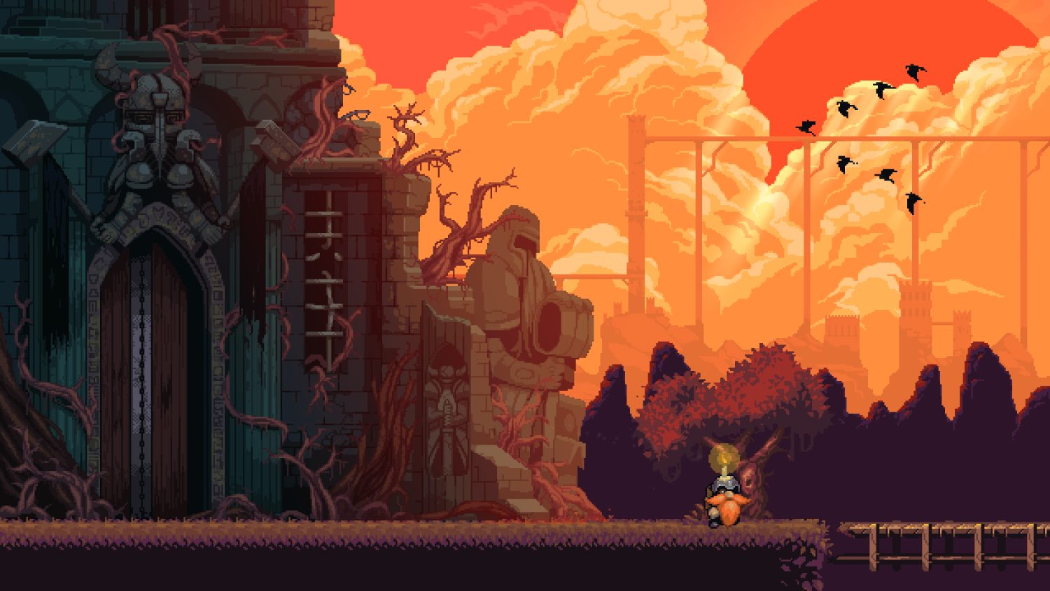 Imagen pixelada de una escena de fantasía con una persona caminando hacia un castillo.