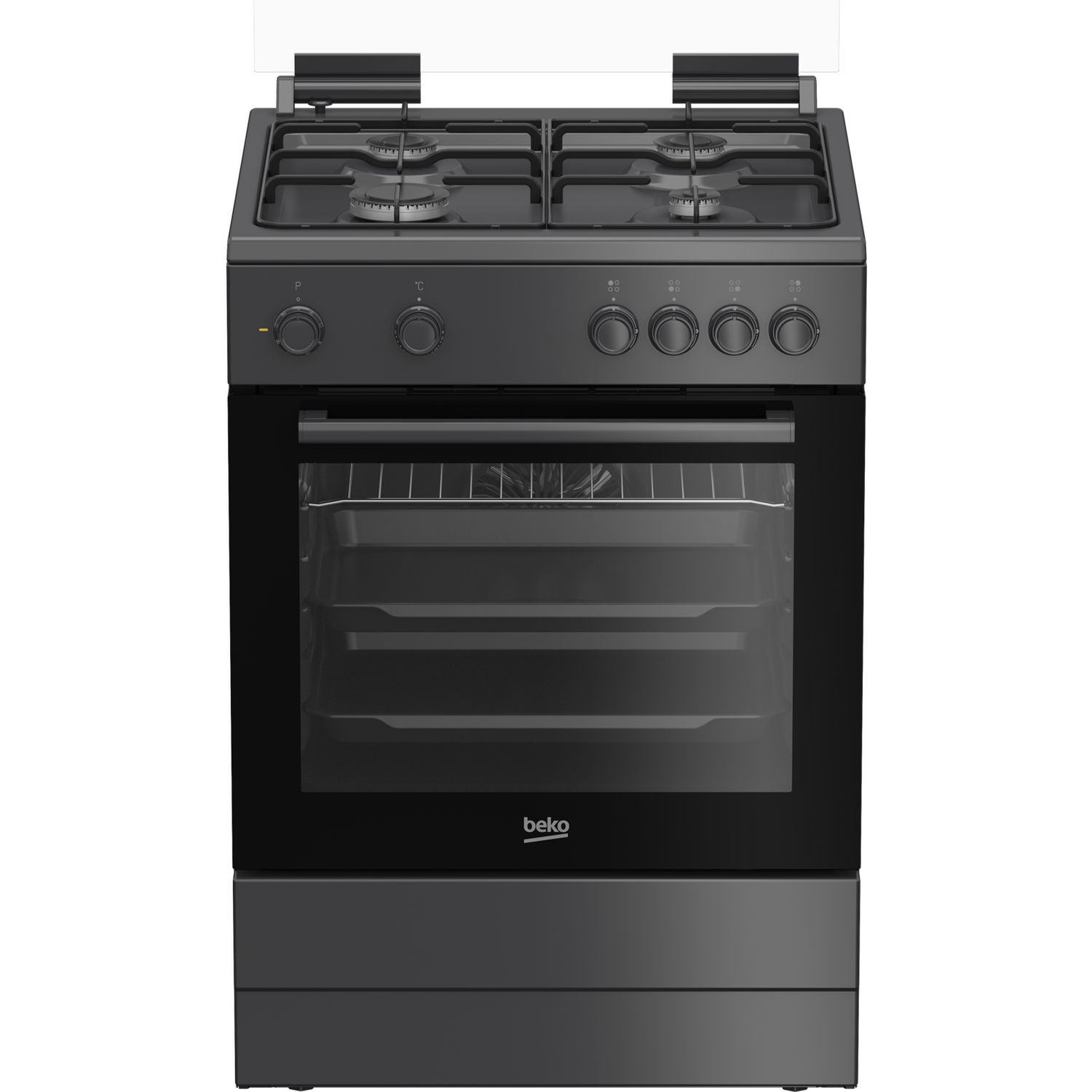 Zwart fornuis met oven en vier branders bovenop.