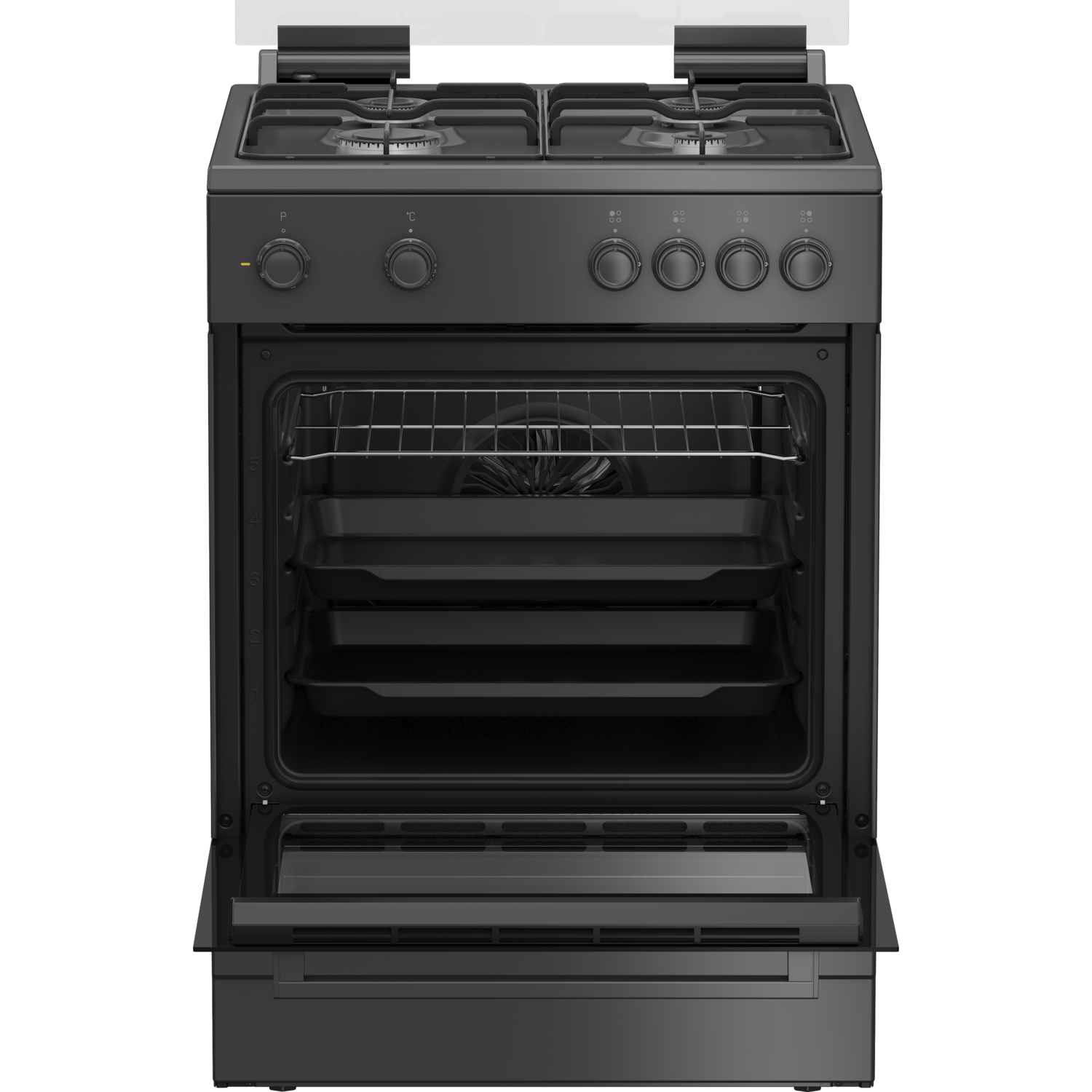 Black gas stove with four burners, oven door open, set against a dark background.