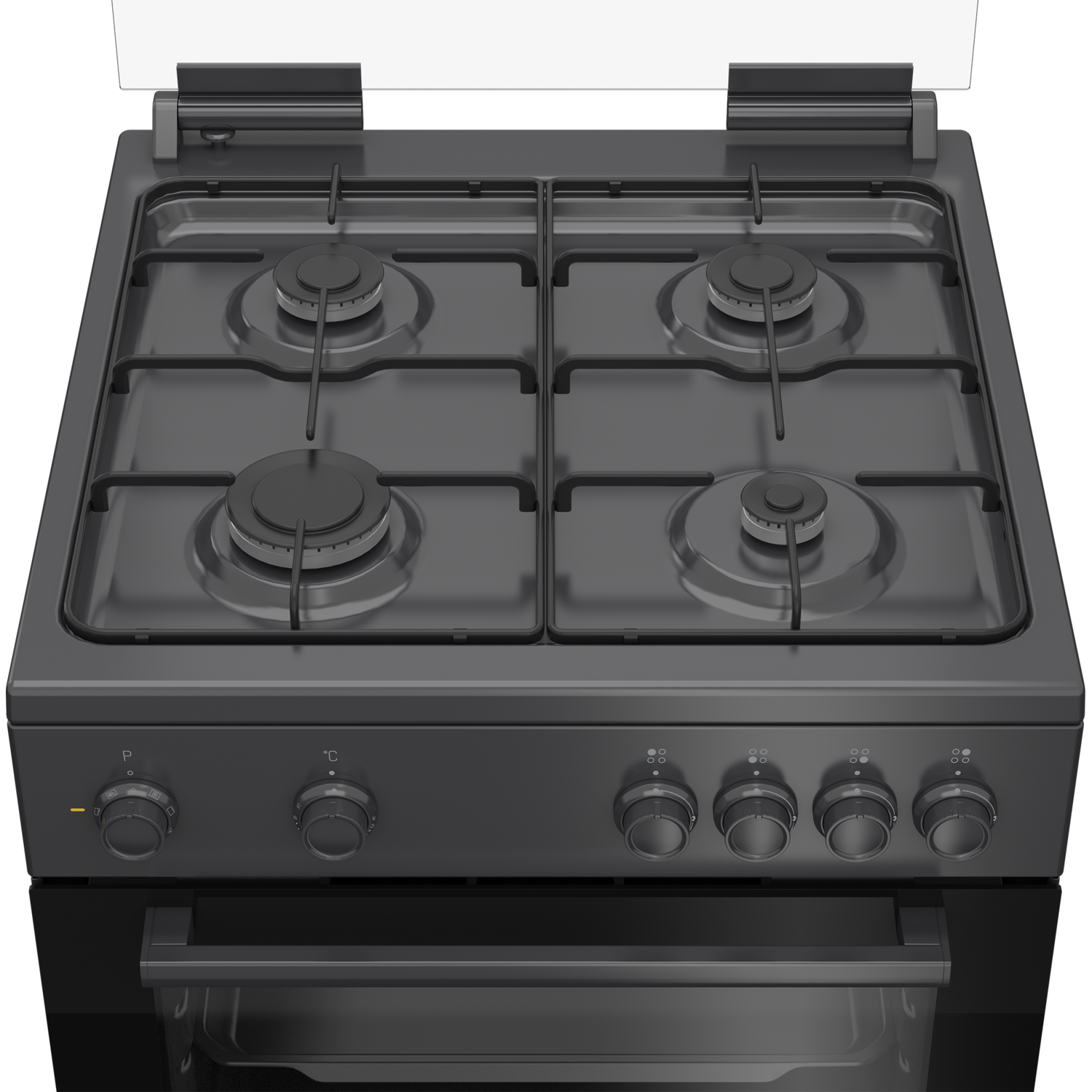 Black gas stove with four burners and knobs, front view, with black background.