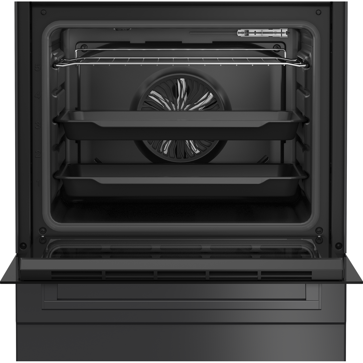 Inside of a black oven with trays, fan visible, open door against dark background.