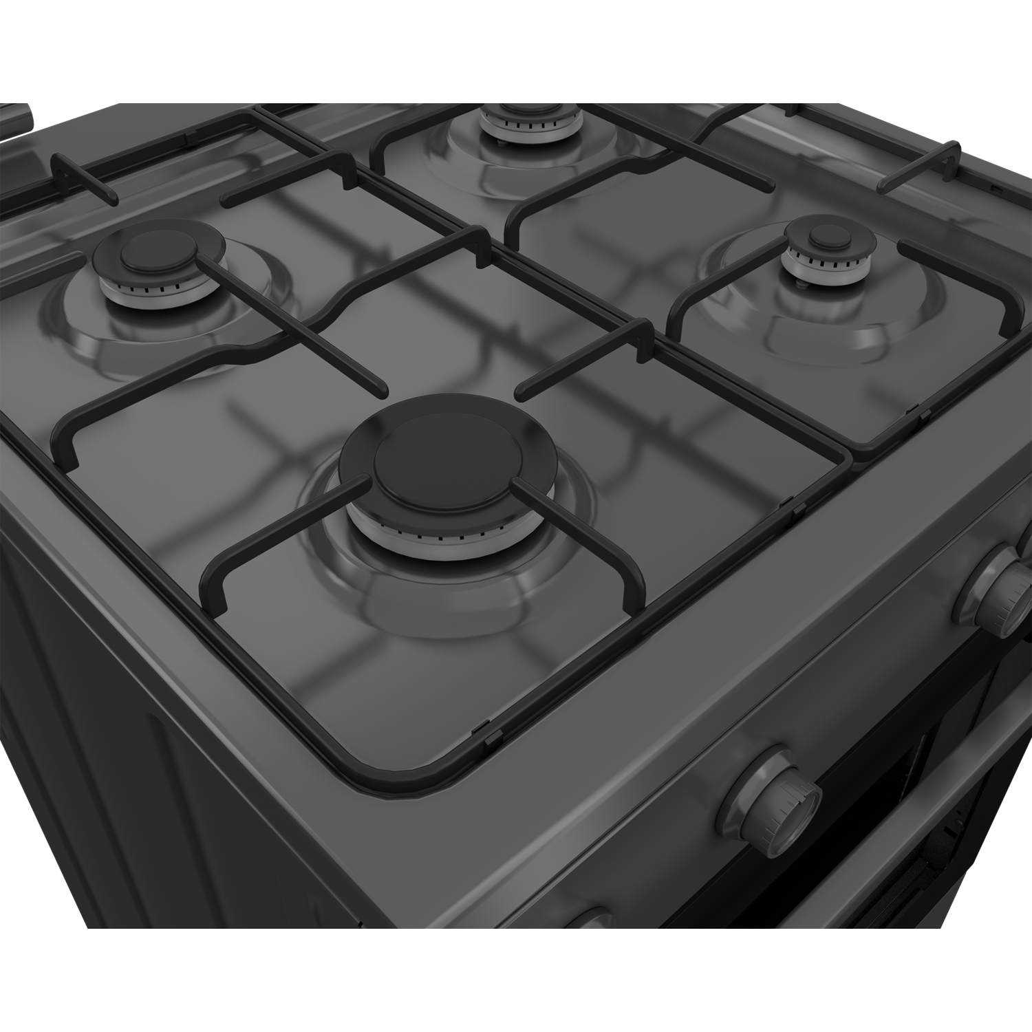 Close-up of the cooking surface of a black and silver gas stove.