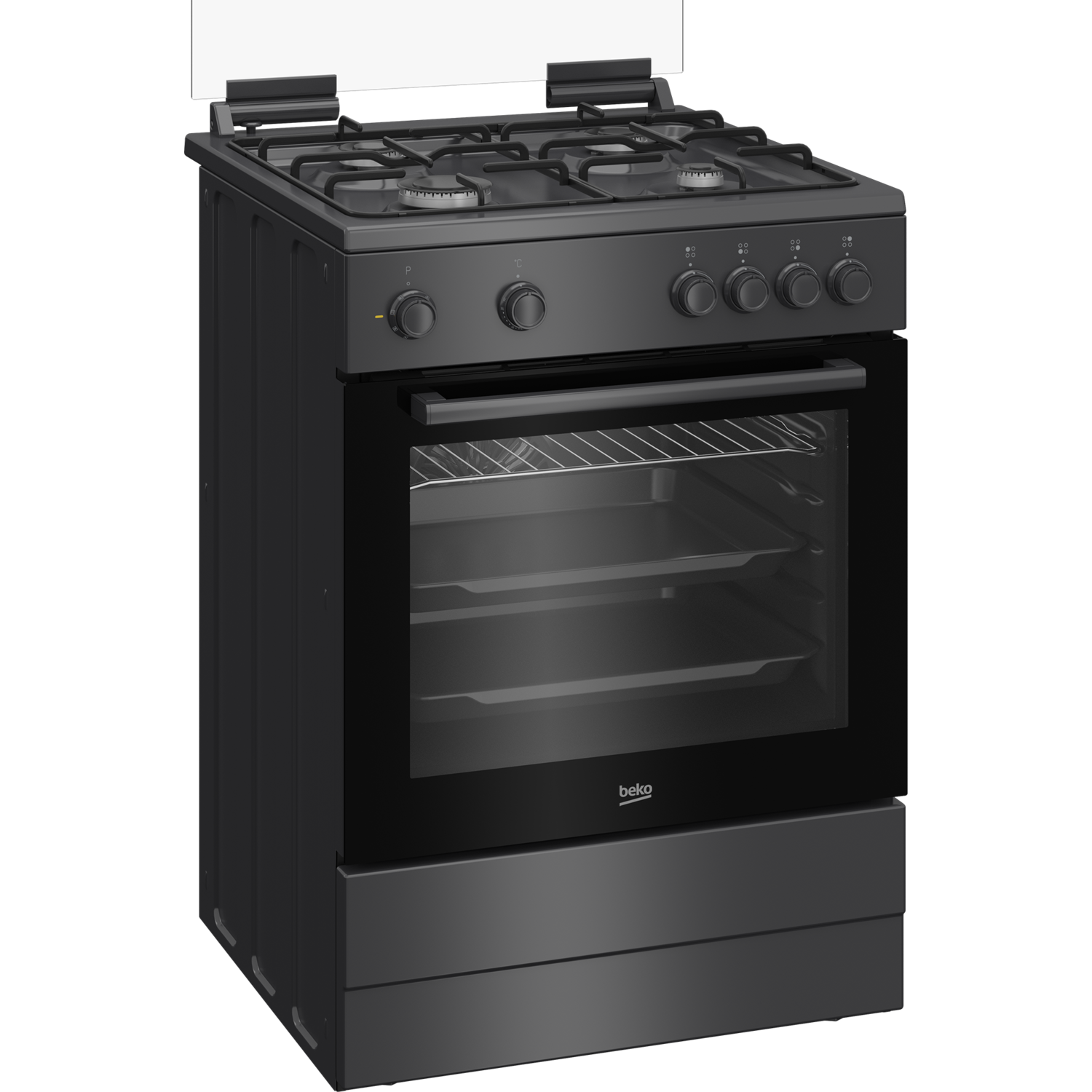 A black, modern-looking stove with four burners, oven, and control knobs.